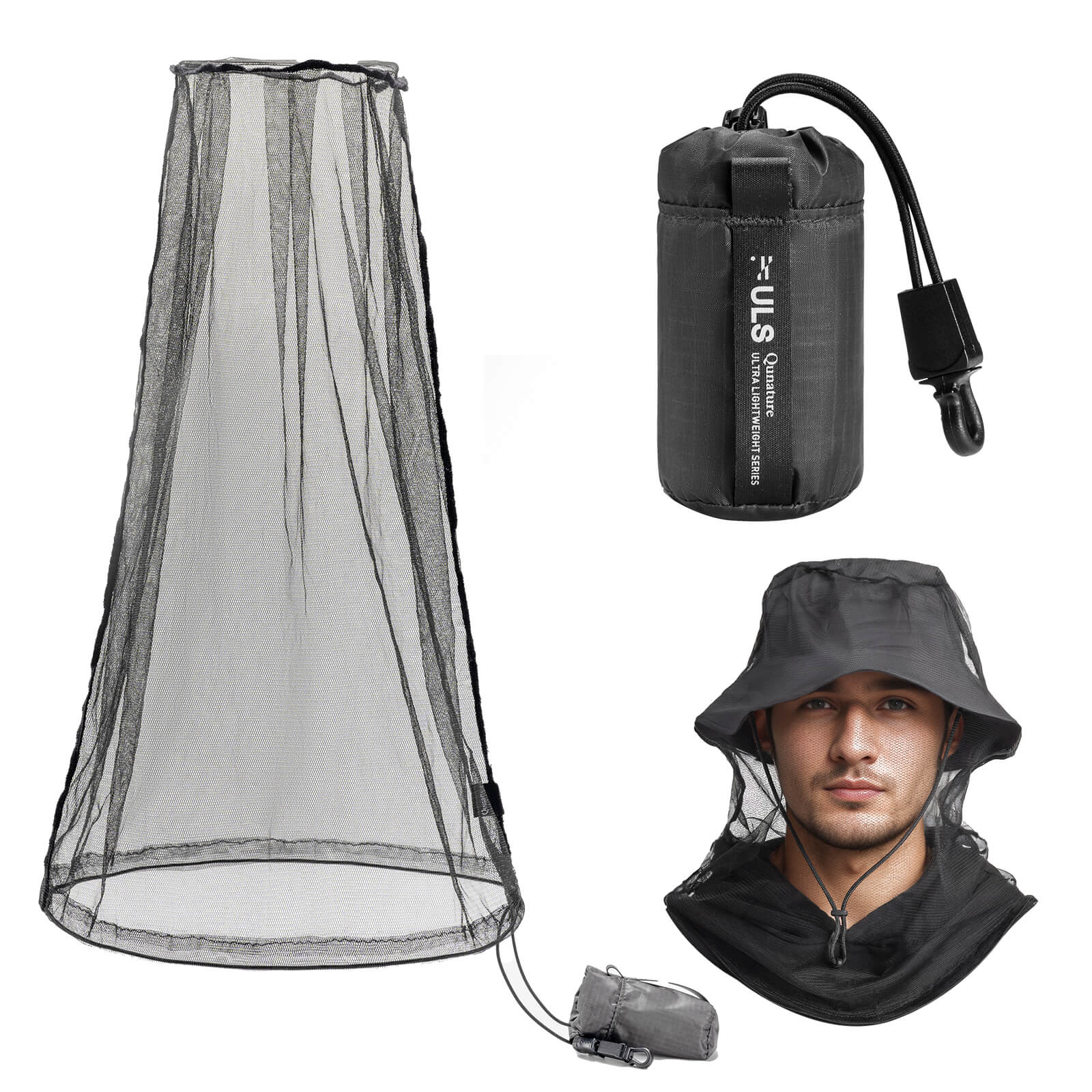 Qunature mosquito head net mesh with ultra-fine fabric for 360-degree insect protection during outdoor camping.