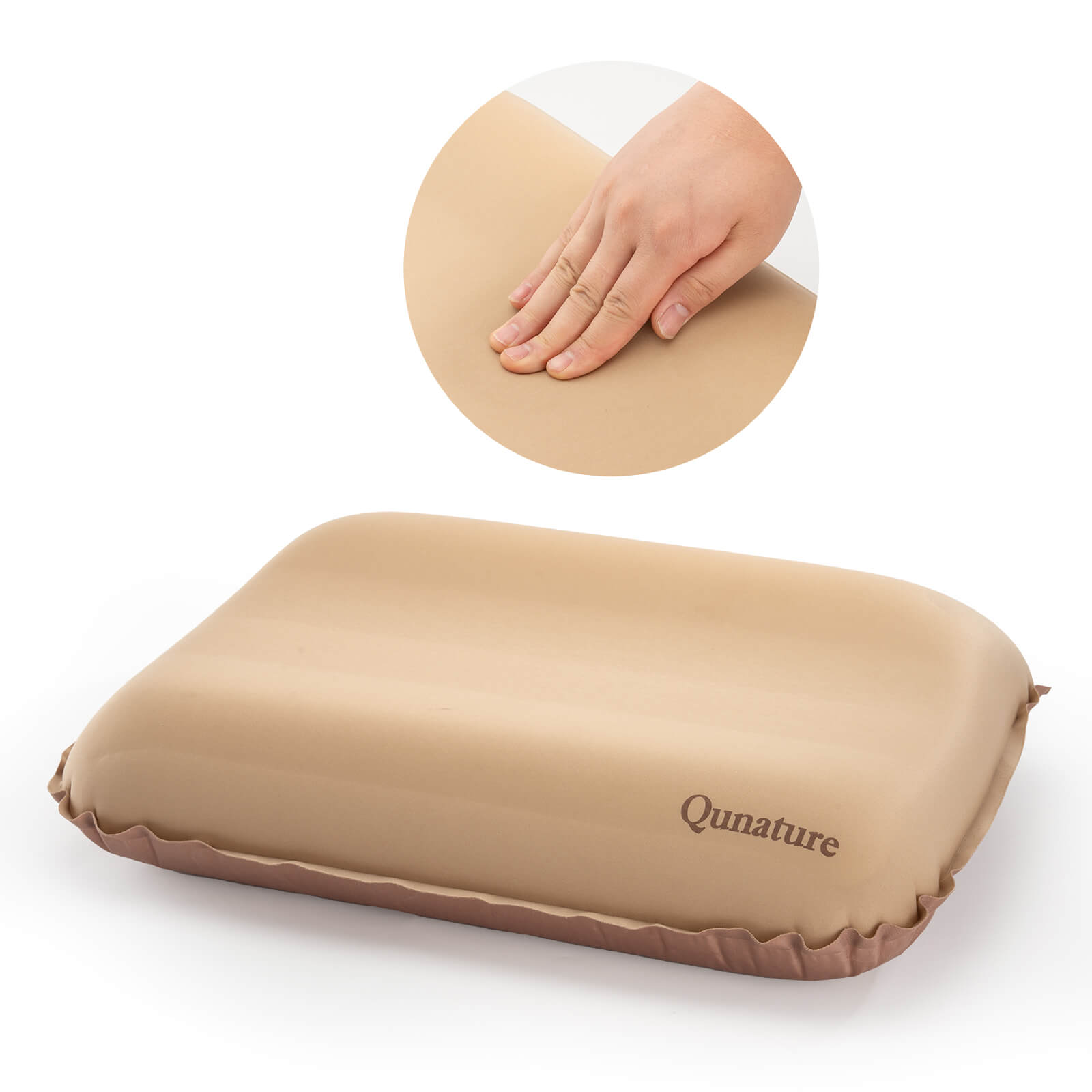 Qunature self-inflating camping pillow for outdoor travel, compact and lightweight design.