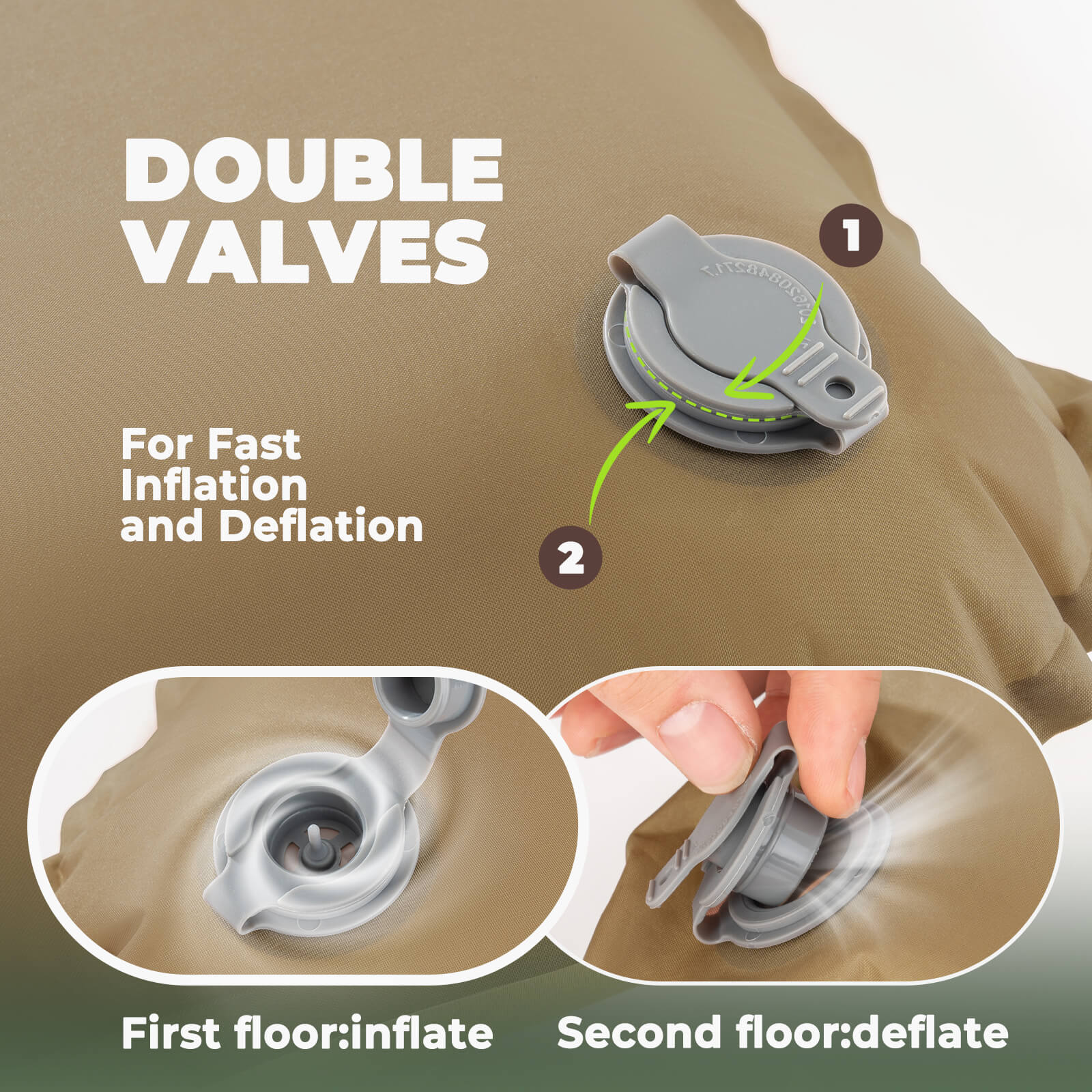 Double air valve design on Qunature self-inflating pillow for quick inflation and deflation.