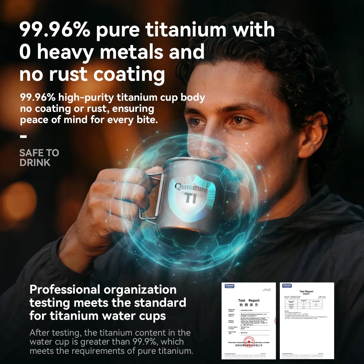 Person holding a titanium water cup with text about its purity and safety.