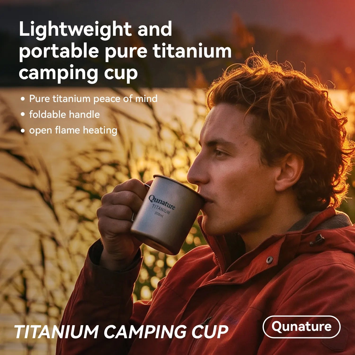 Person drinking from a titanium camping cup with scenic background
