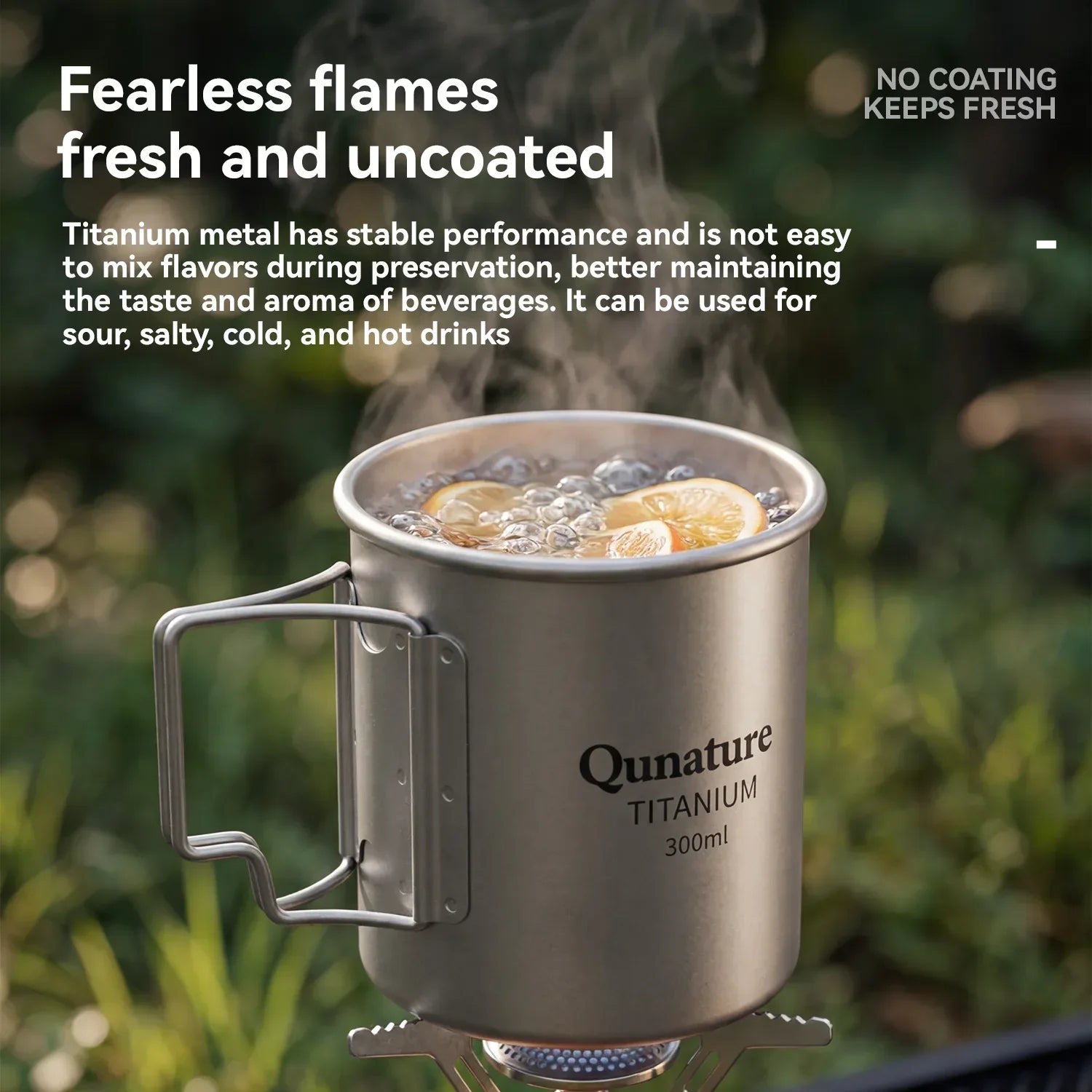 Qunature titanium mug with boiling liquid on a natural background