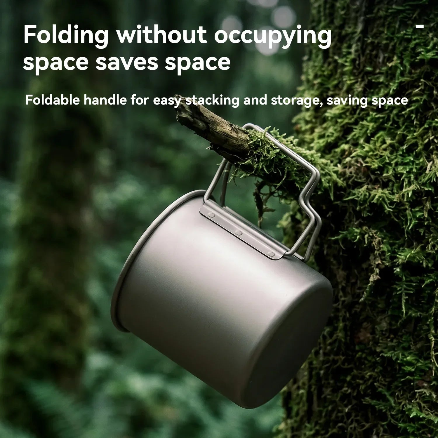 Foldable camping cup hanging on a tree branch with text about space-saving design.