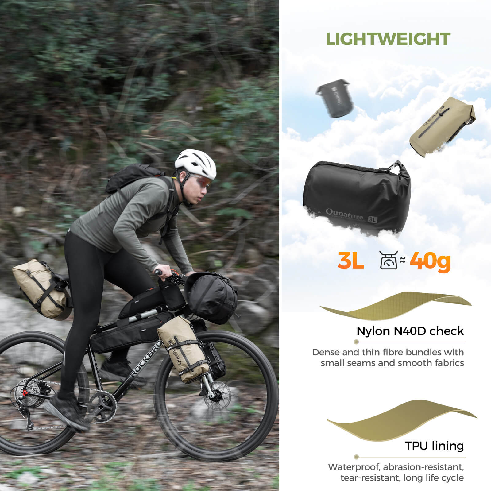 Qunature ultralight dry bag with adjustable compression straps to maximize storage space.
