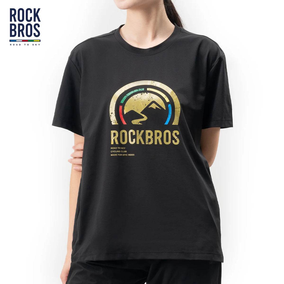 ROAD TO SKY unisex cooling quick-dry cycling T-shirt with side pocket and front logo print.
#Color_Black