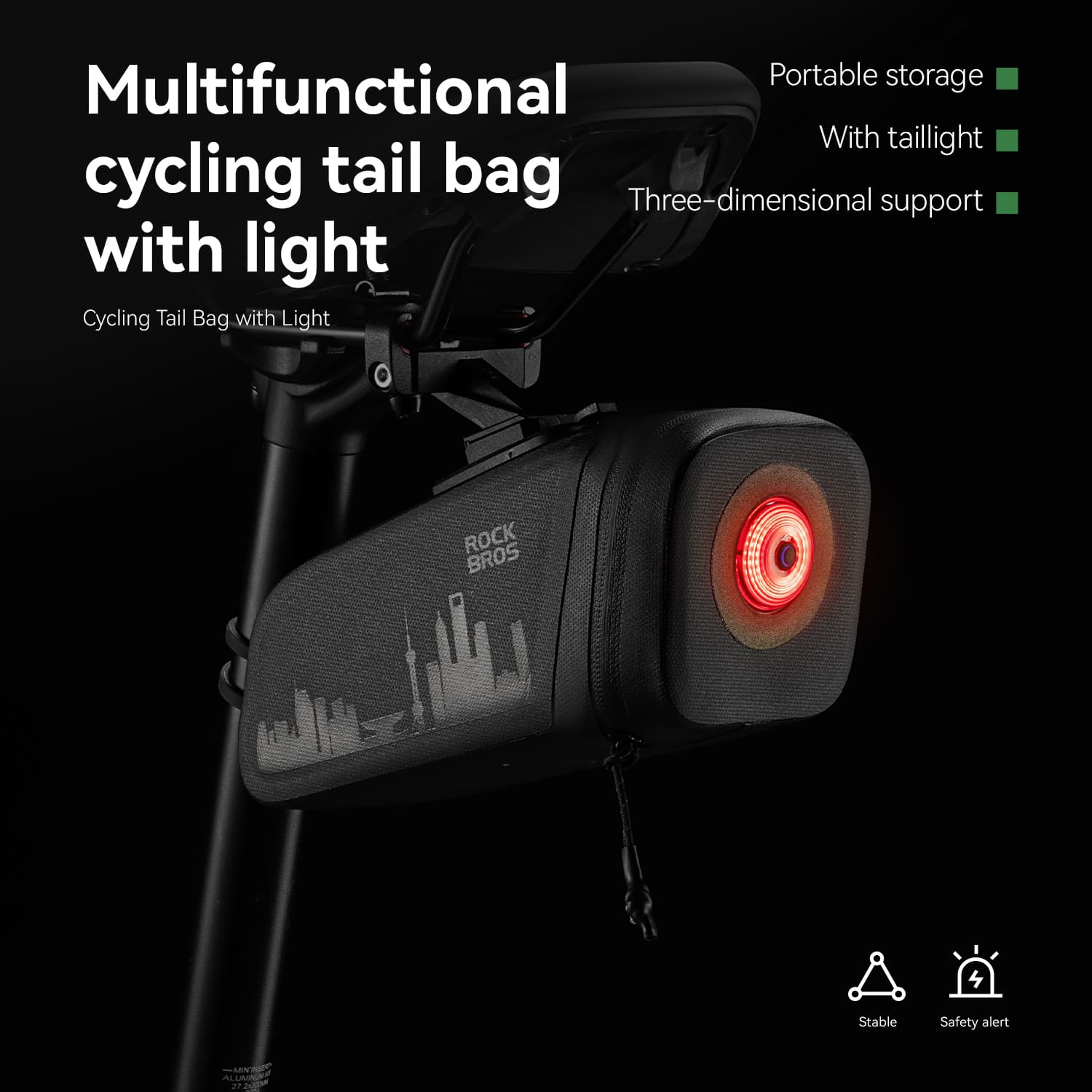 ROCKBROS waterproof bike saddle bag with rear light for cycling and night riding