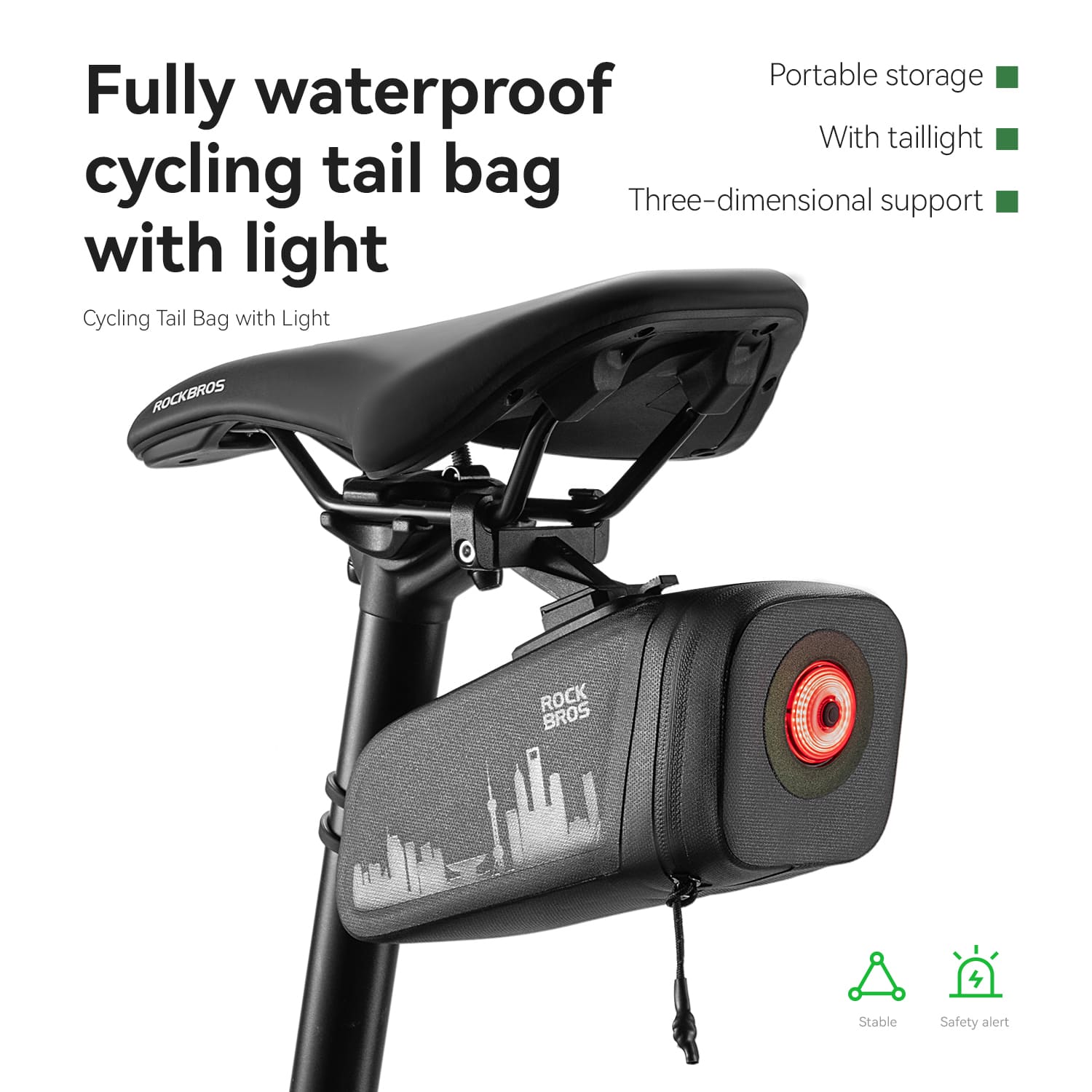 ROCKBROS waterproof bike saddle bag with rear light for cycling and night riding