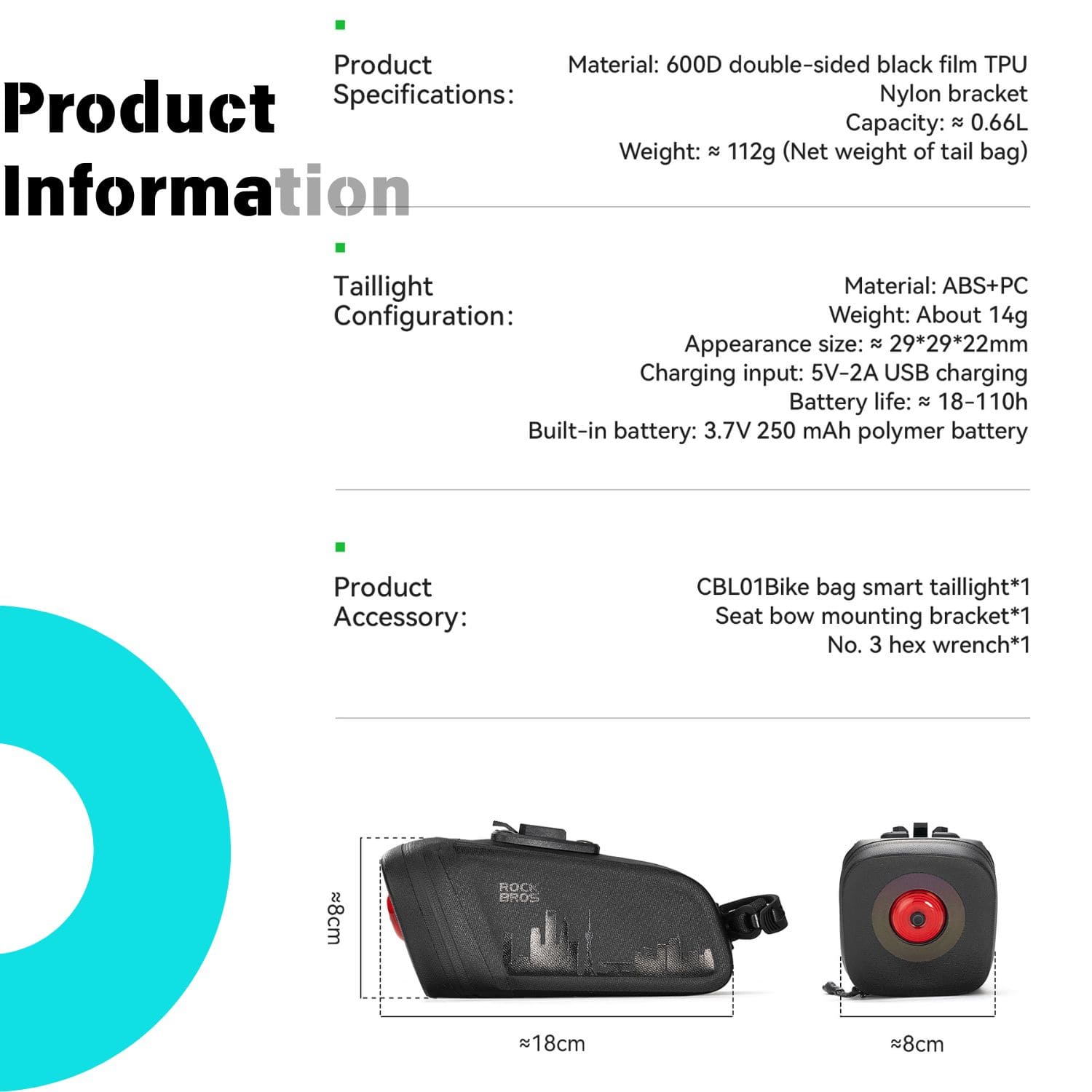 ROCKBROS waterproof bike saddle bag with rear light for cycling and night riding