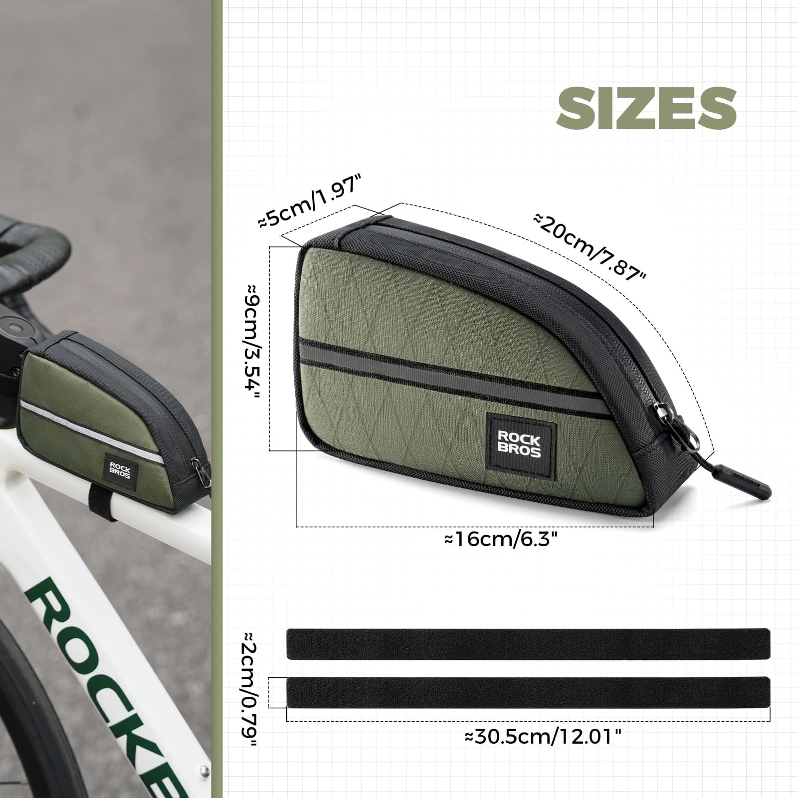 ROCKBROS 0.9L Waterproof Bike Top Tube Bag With Slim Fit And Easy-Access Zipper
#Color_Army Green