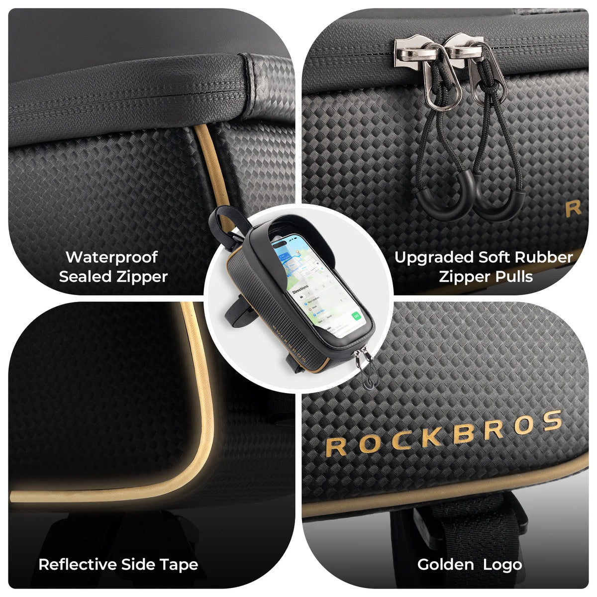 ROCKBROS 091 1.5L bike top tube bag with touchscreen phone window mounted on a bicycle frame