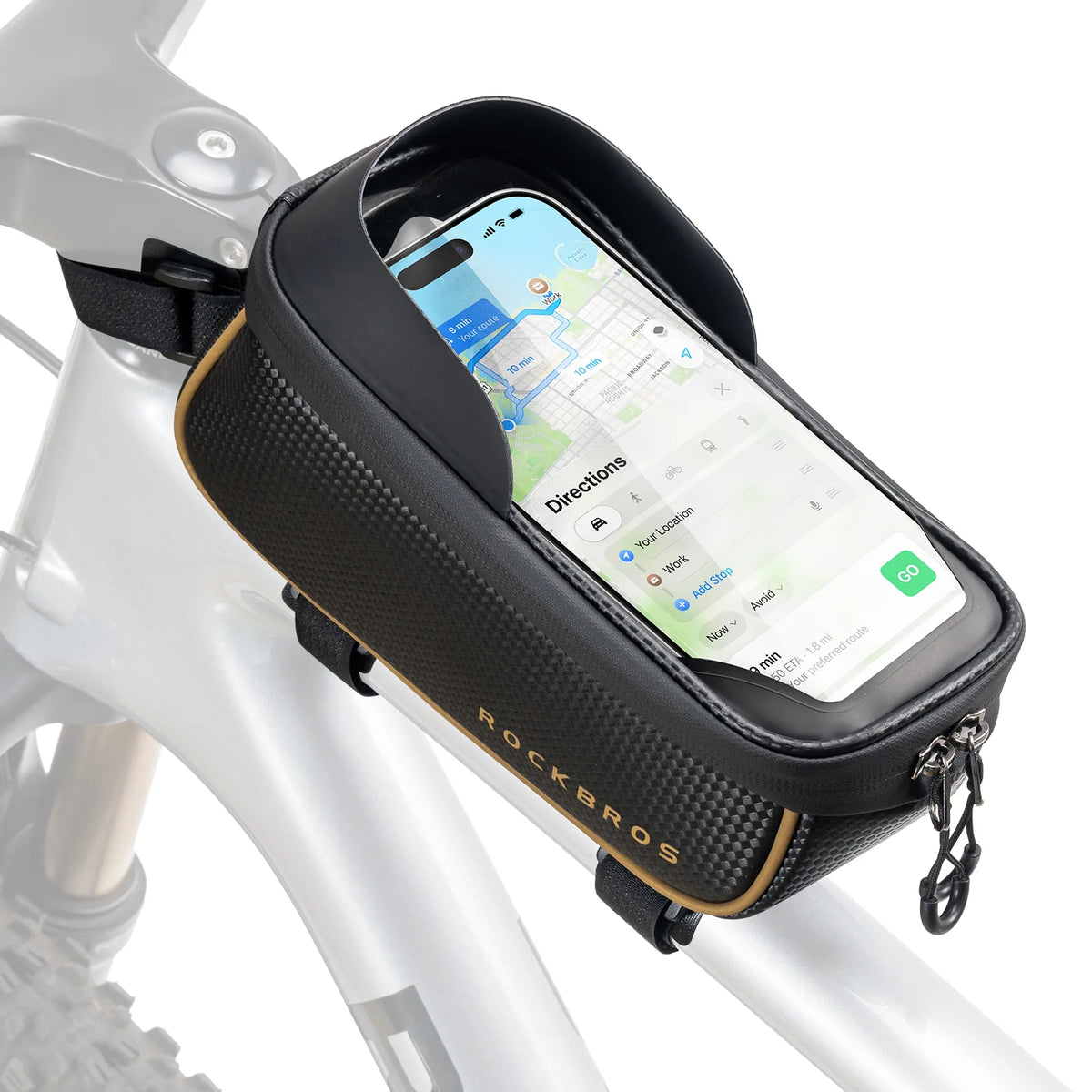 ROCKBROS 091 1.5L bike top tube bag with touchscreen phone window mounted on a bicycle frame