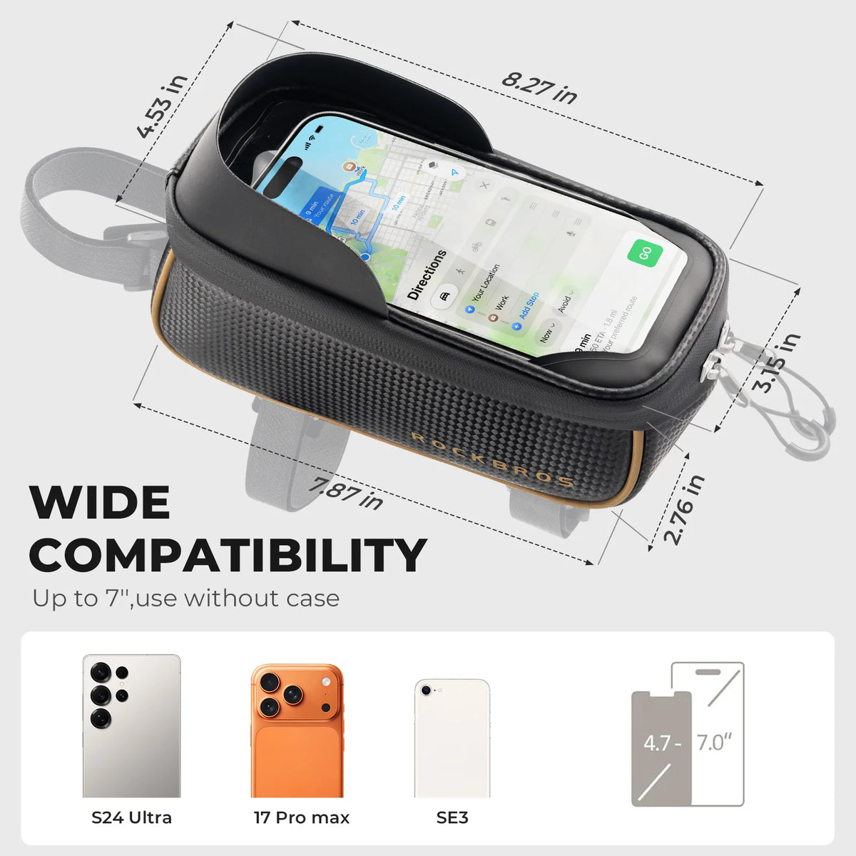 ROCKBROS 091 1.5L bike top tube bag with touchscreen phone window mounted on a bicycle frame