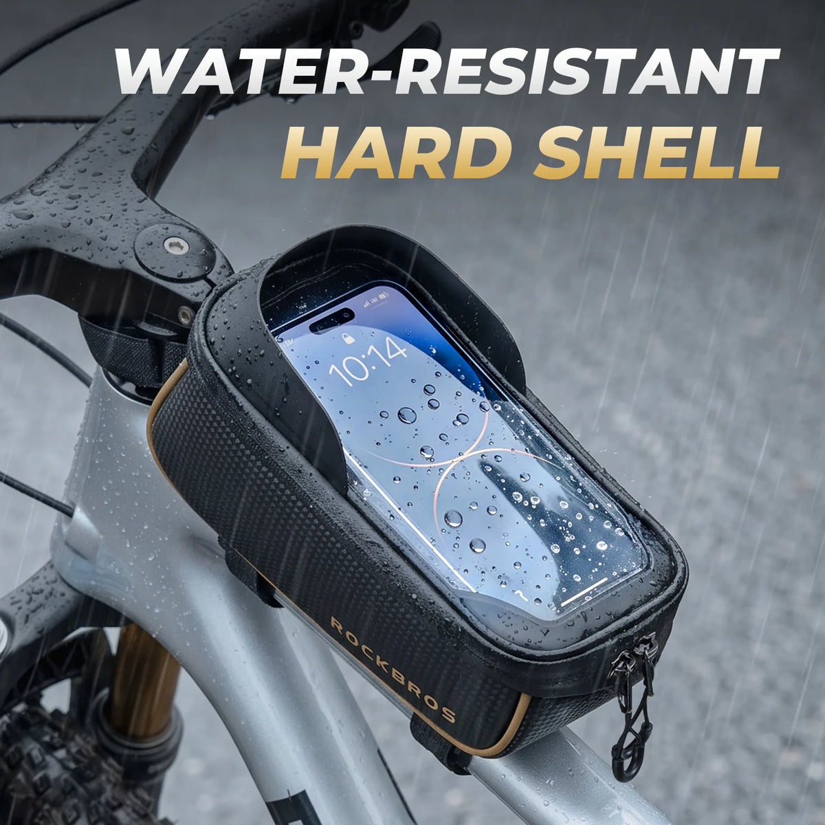 ROCKBROS 091 1.5L bike top tube bag with touchscreen phone window mounted on a bicycle frame