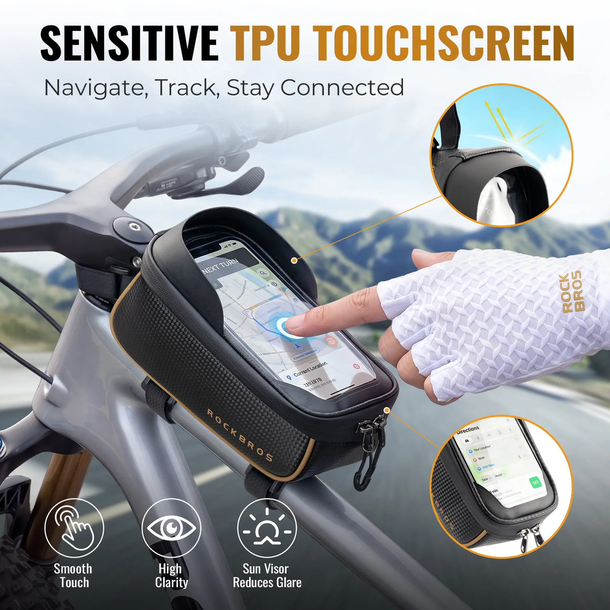 ROCKBROS 091 1.5L bike top tube bag with touchscreen phone window mounted on a bicycle frame