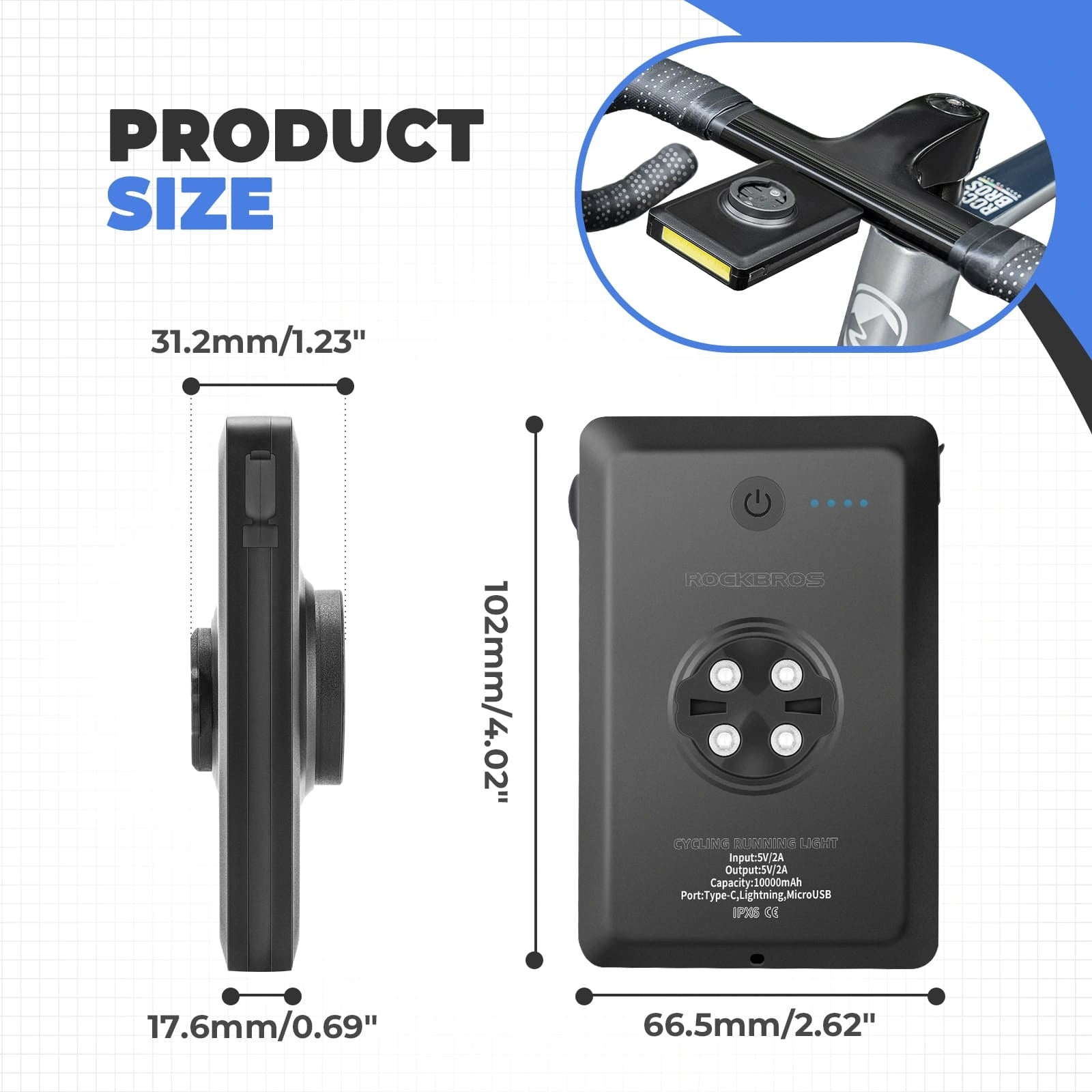 ROCKBROS 10000mAh Bike Front Light Power Bank with Built-In Cable and IP64 Waterproof Design