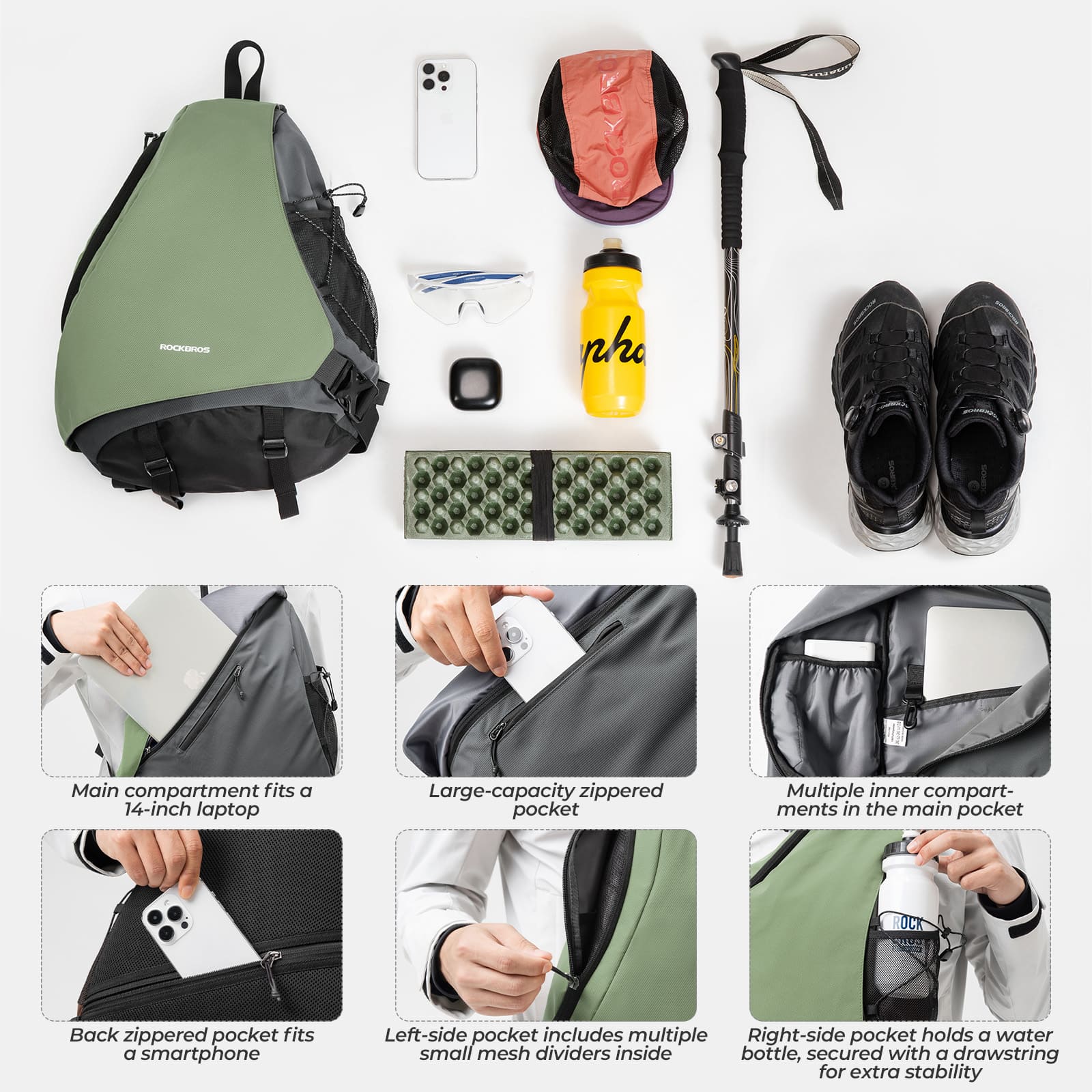 ROCKBROS outdoor crossbody sling bag with magnetic buckle for cycling hiking and daily carry
#Color_Army Green