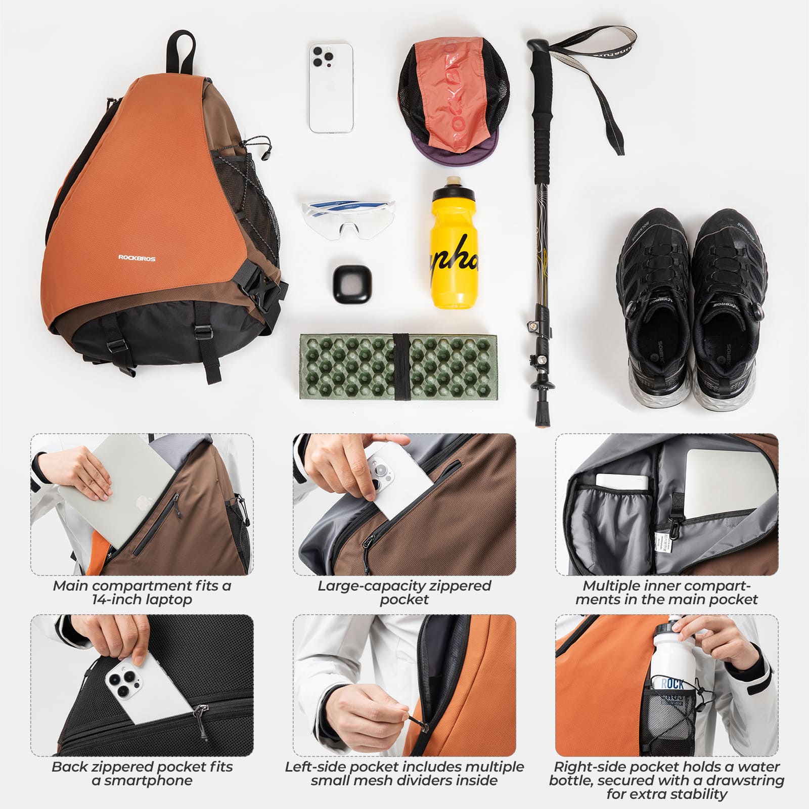 ROCKBROS outdoor crossbody sling bag with magnetic buckle for cycling hiking and daily carry
#Color_Orange
