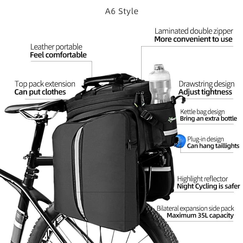 ROCKBROS A6 Style Expandable 35L Bike Trunk Bag with Kettle Holder and Reflector for Safe Night Cycling