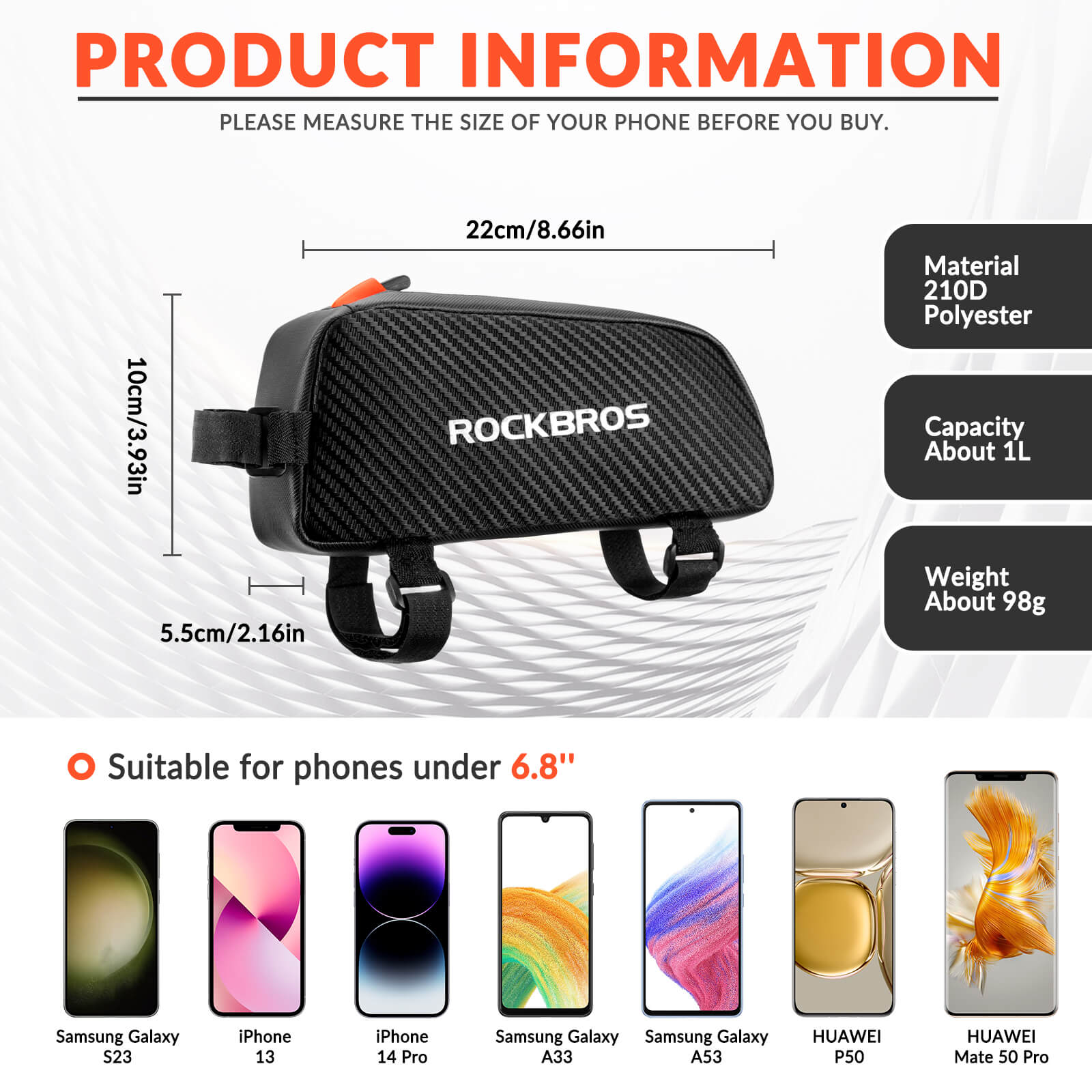 ROCKBROS 1L Top Tube Bike Bag with side drawstring and high-visibility reflective mesh for cycling storage