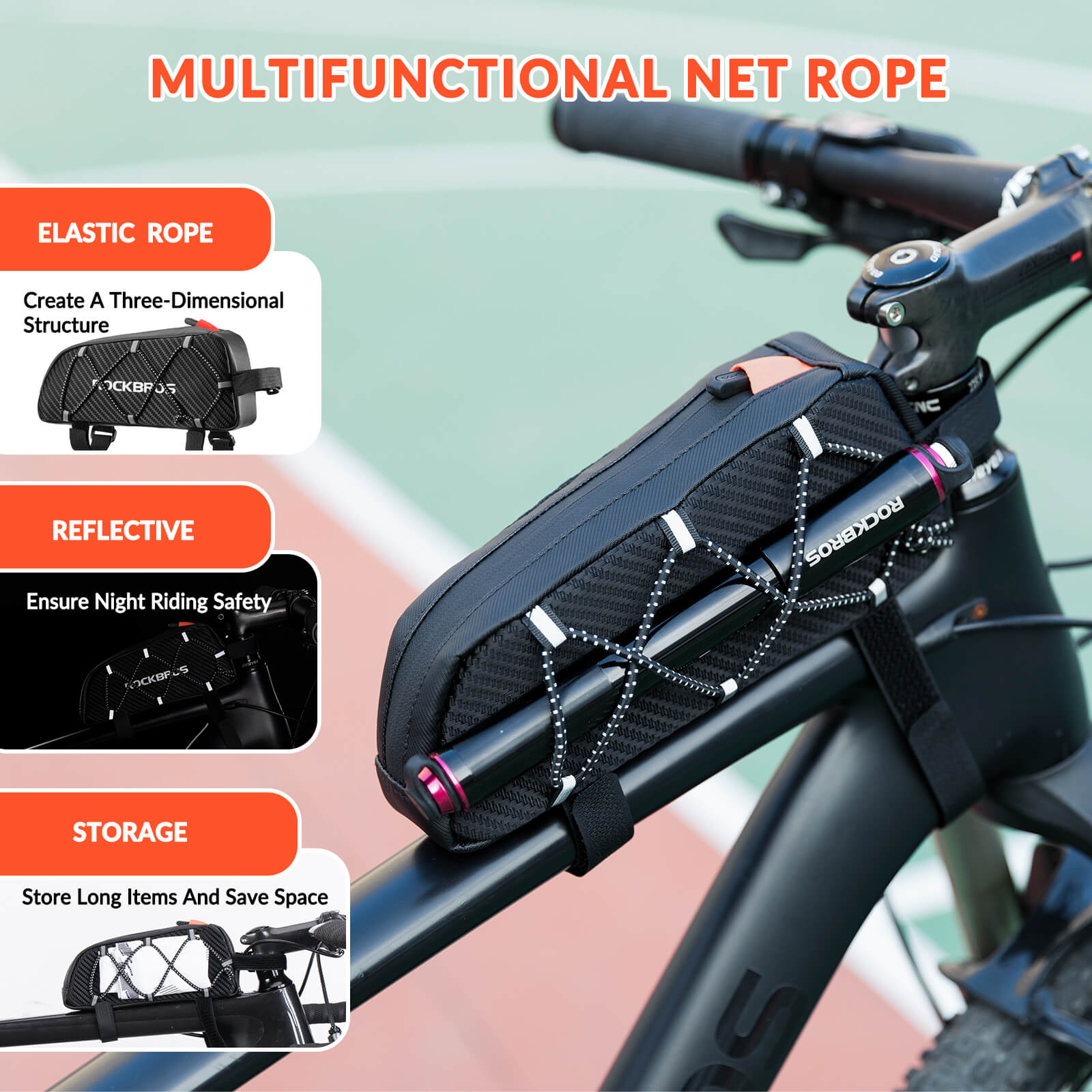 ROCKBROS 1L Top Tube Bike Bag with side drawstring and high-visibility reflective mesh for cycling storage