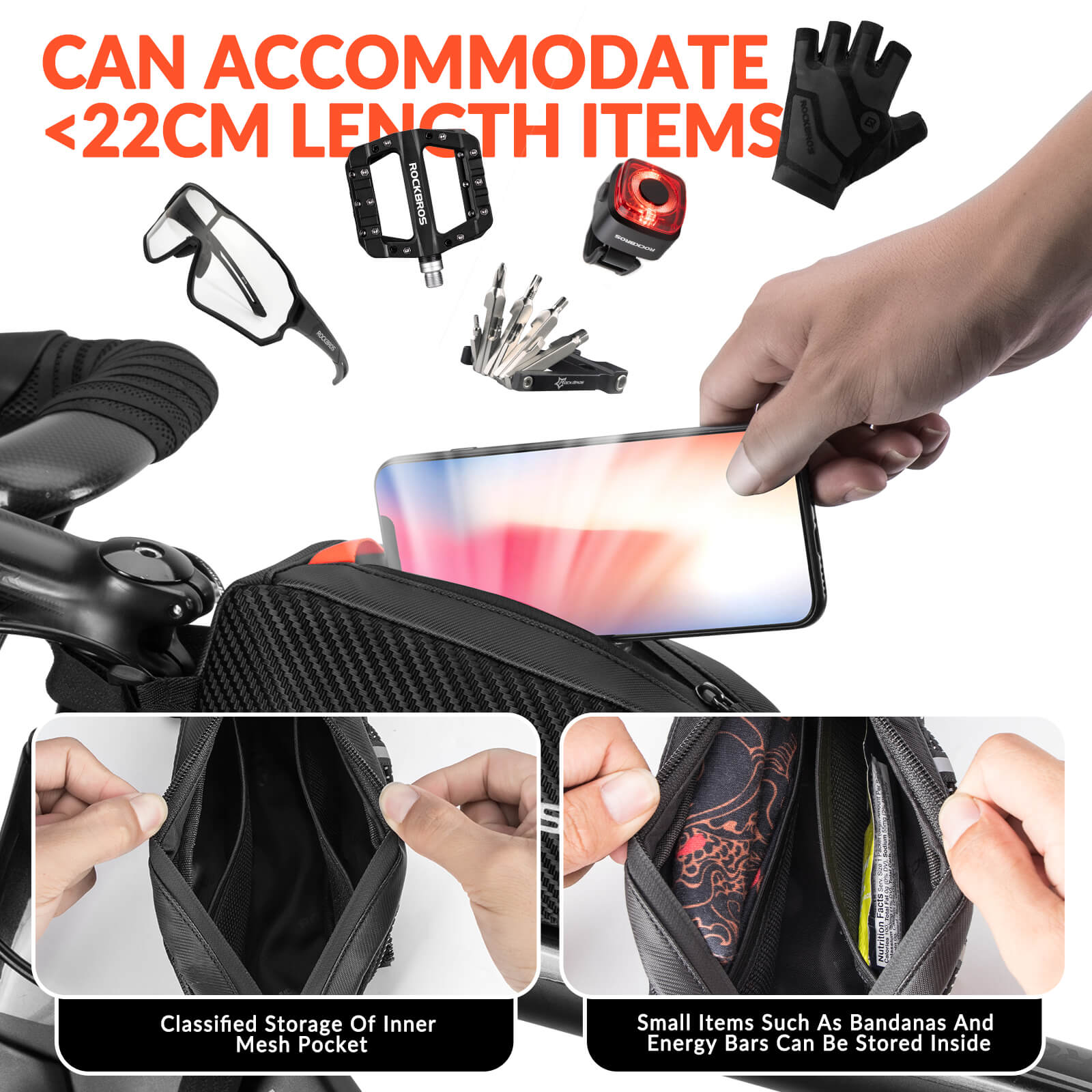 ROCKBROS 1L Top Tube Bike Bag with side drawstring and high-visibility reflective mesh for cycling storage