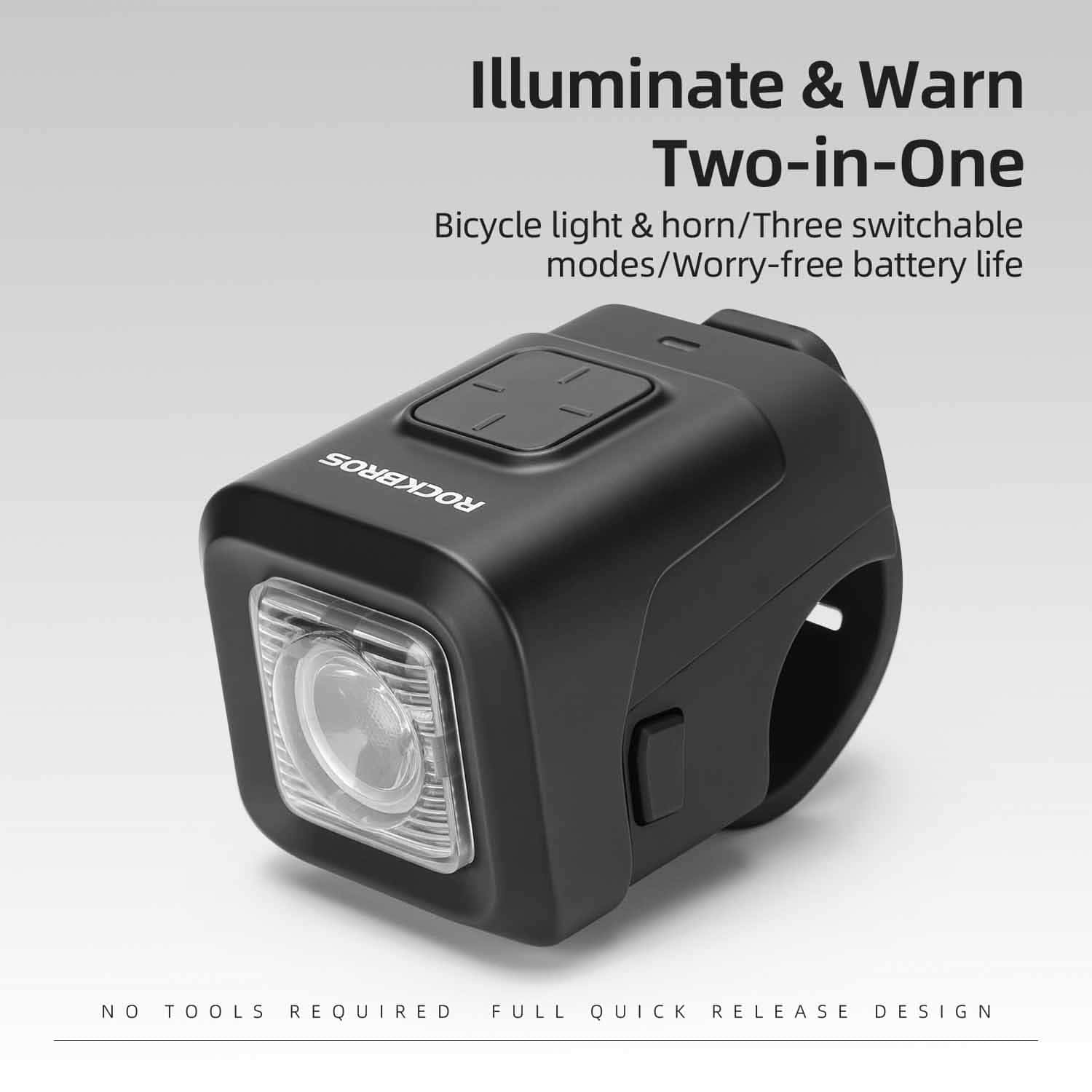 ROCKBROS 2-in-1 bike horn and front light with 450lm brightness for enhanced cycling safety and visibility