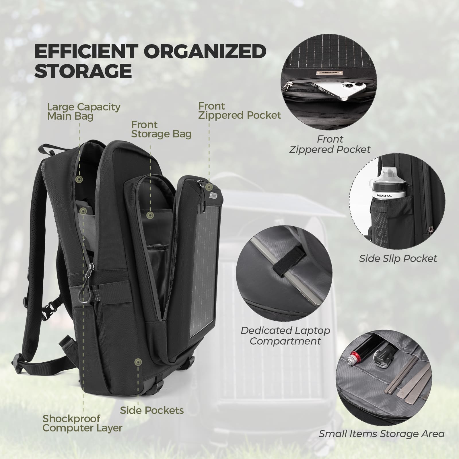 ROCKBROS 20L solar-powered cycling backpack with large capacity for outdoor travel and commuting