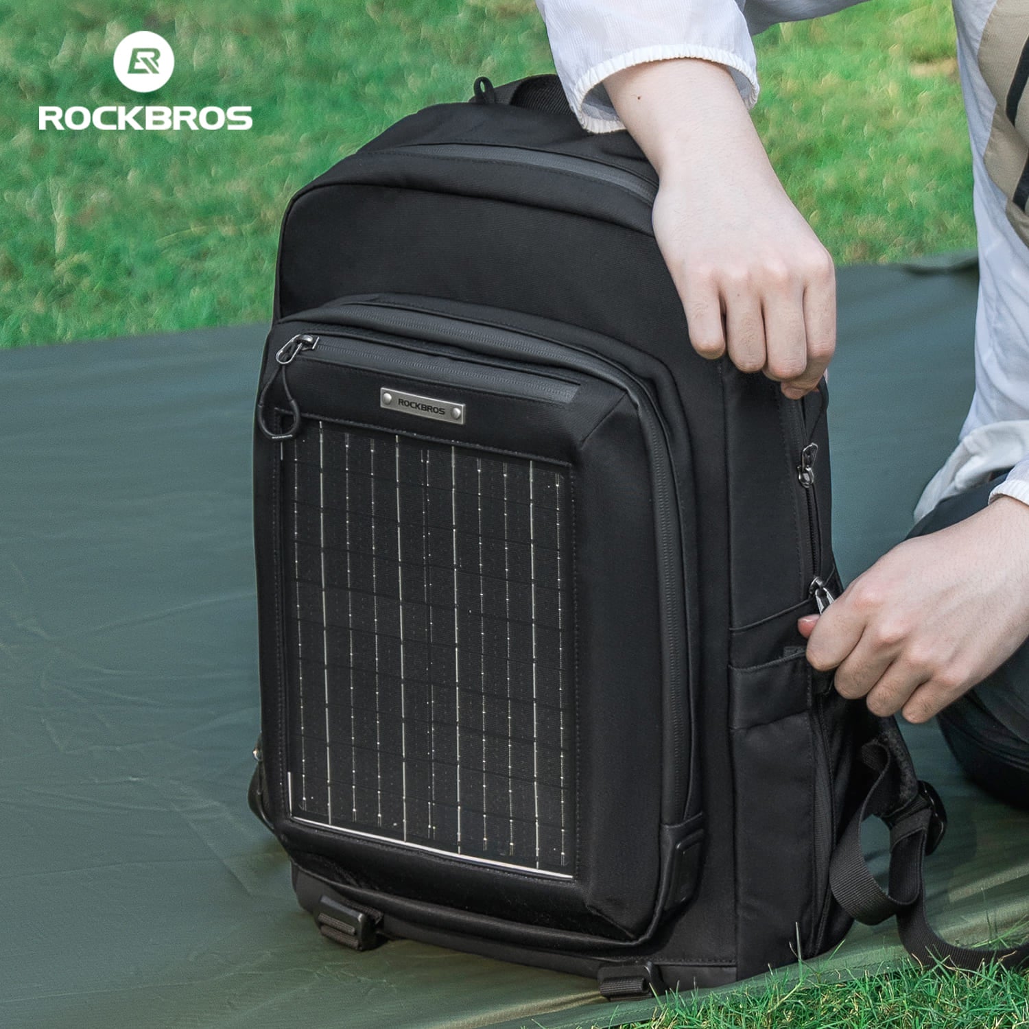 ROCKBROS 20L solar-powered cycling backpack with large capacity for outdoor travel and commuting