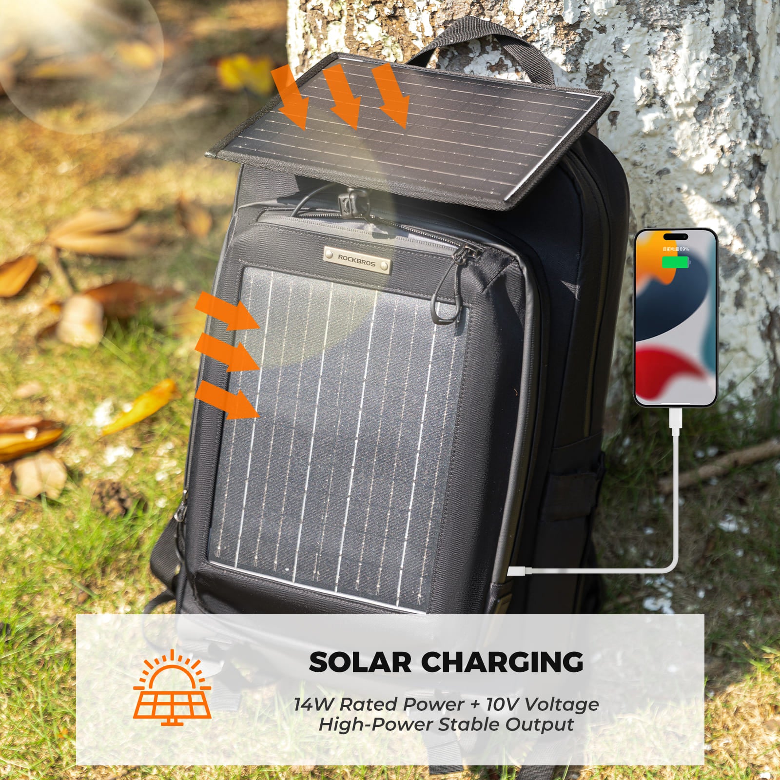 ROCKBROS 20L solar-powered cycling backpack with large capacity for outdoor travel and commuting