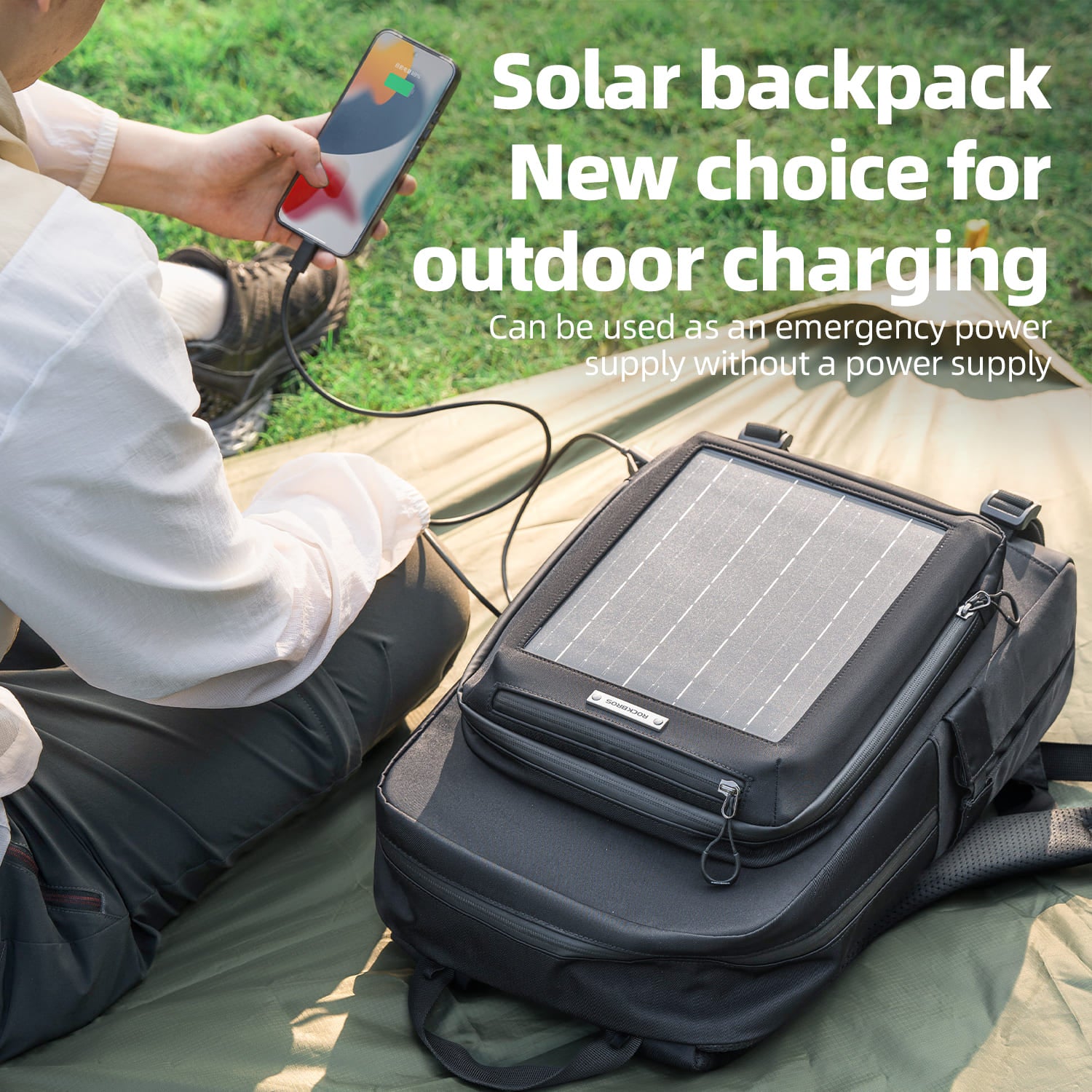 ROCKBROS 20L solar-powered cycling backpack with large capacity for outdoor travel and commuting
