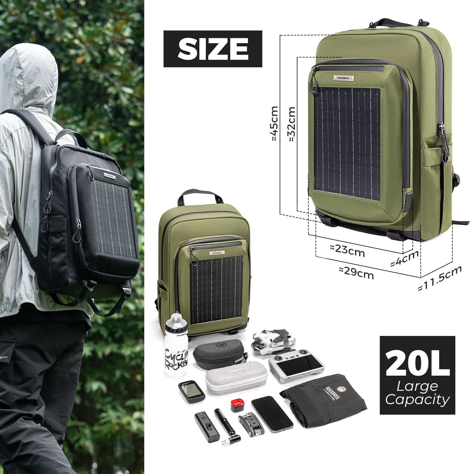 ROCKBROS 20L solar-powered cycling backpack with large capacity for outdoor travel and commuting