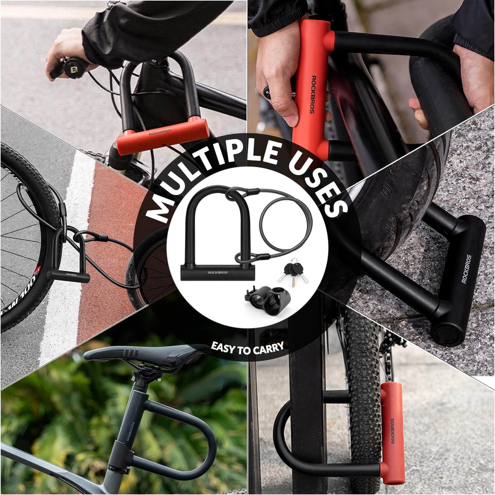 ROCKBROS 22mm heavy-duty anti-cut U bike lock with hardened steel shackle and silicone protective cover