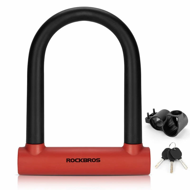 ROCKBROS 22mm heavy-duty anti-cut U bike lock with hardened steel shackle and silicone protective cover
#Red