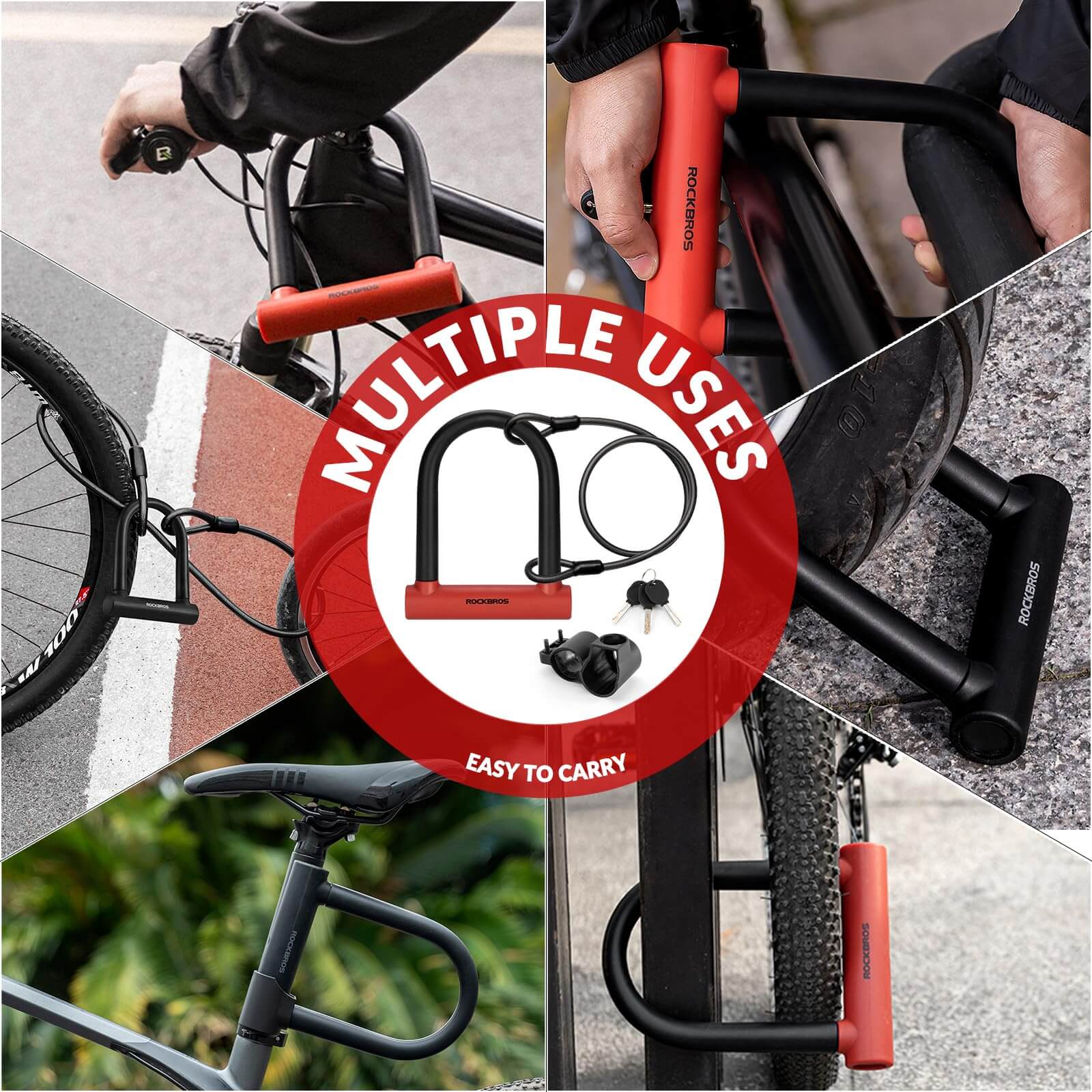 ROCKBROS 22mm heavy-duty anti-cut U bike lock with hardened steel shackle and silicone protective cover