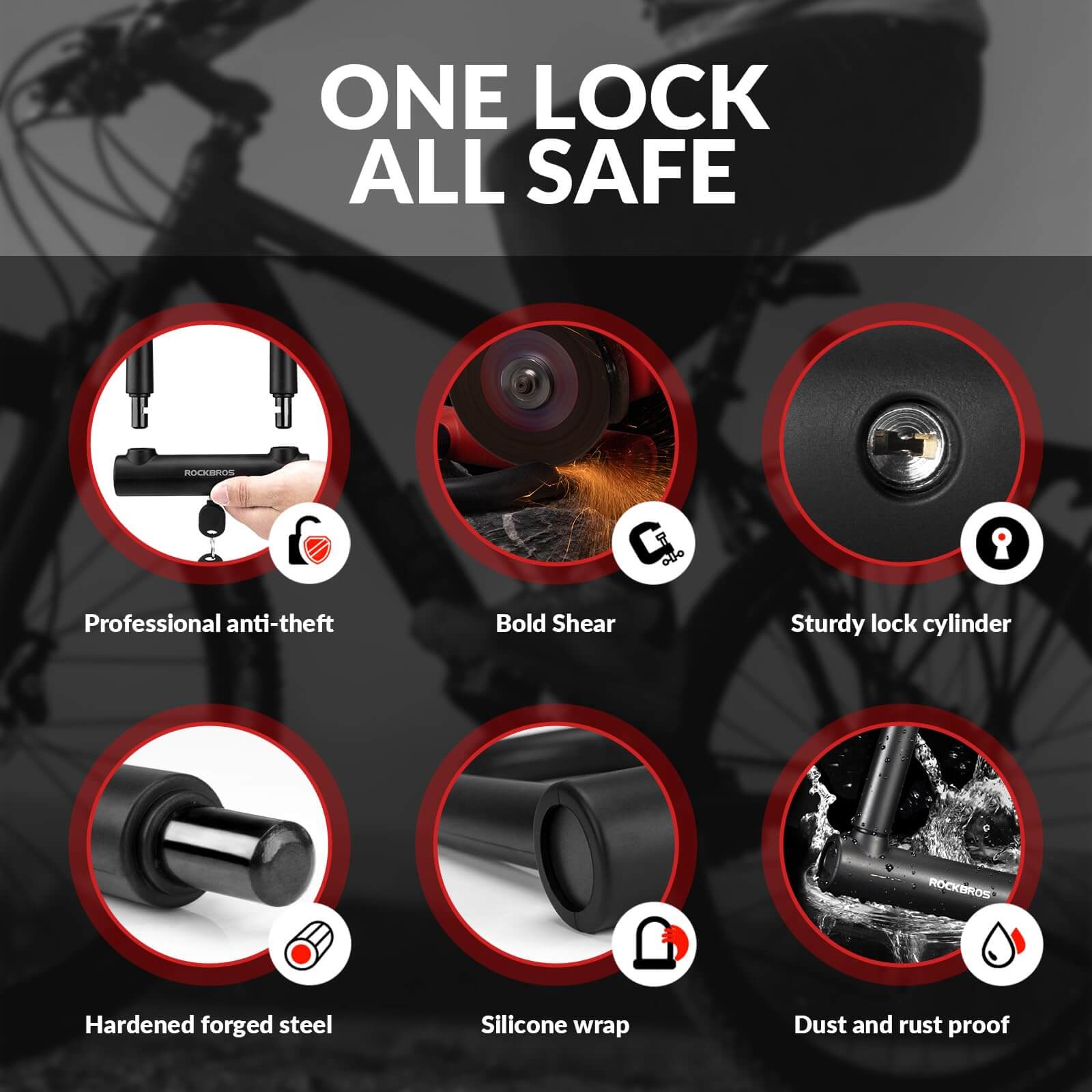 ROCKBROS 22mm heavy-duty anti-cut U bike lock with hardened steel shackle and silicone protective cover