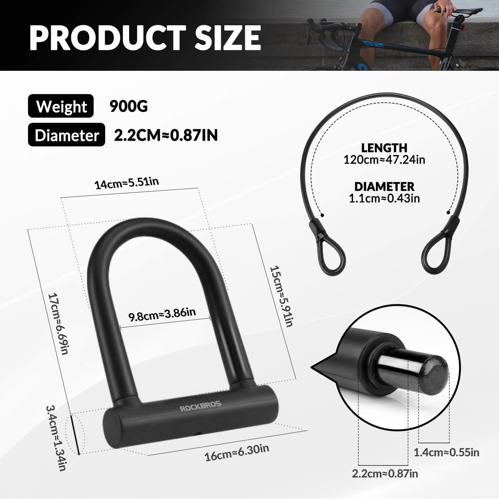 ROCKBROS 22mm heavy-duty anti-cut U bike lock with hardened steel shackle and silicone protective cover