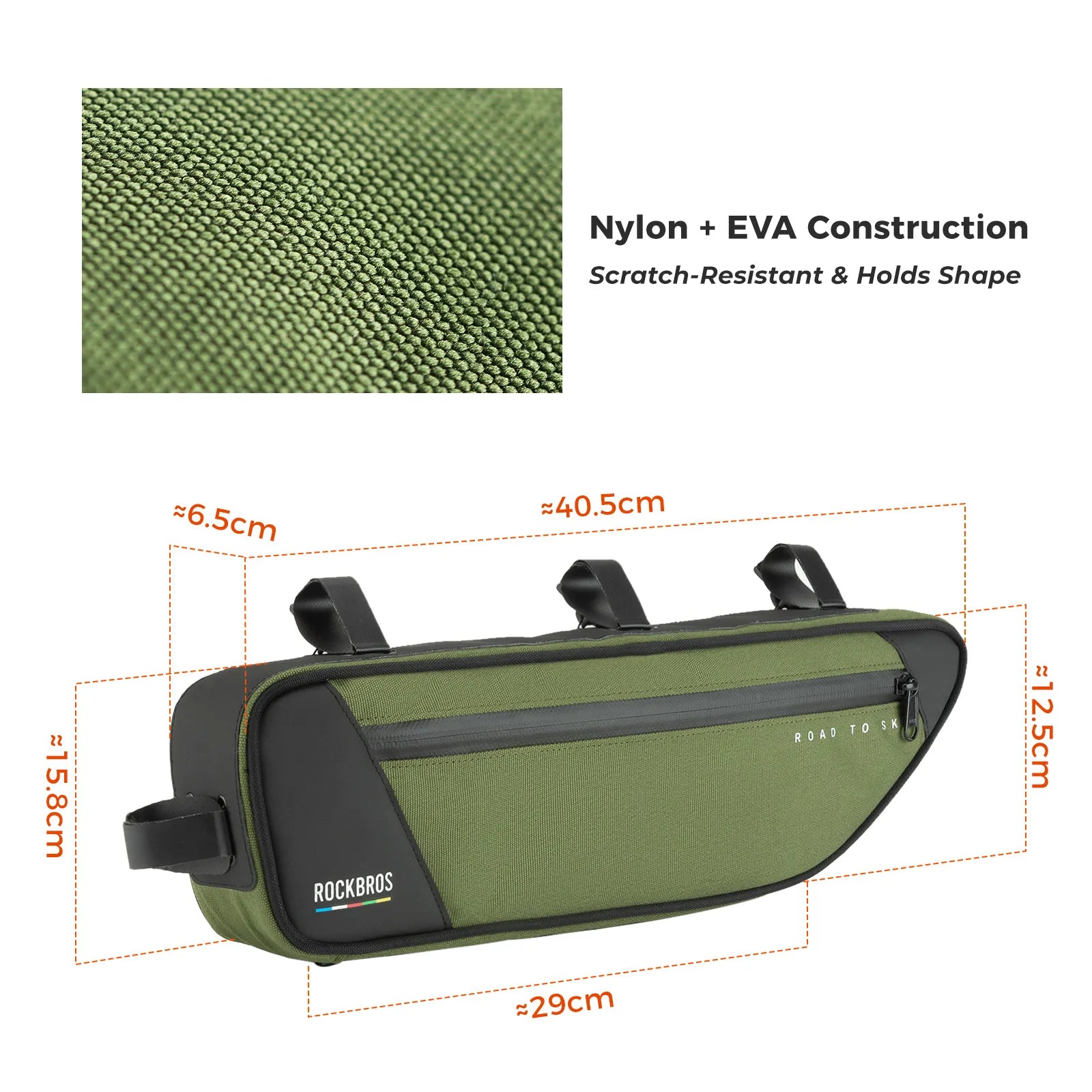 ROCKBROS 2L bike frame bag with ROCK FIT quick-release mounting and water-resistant storage design
#Color_Green
