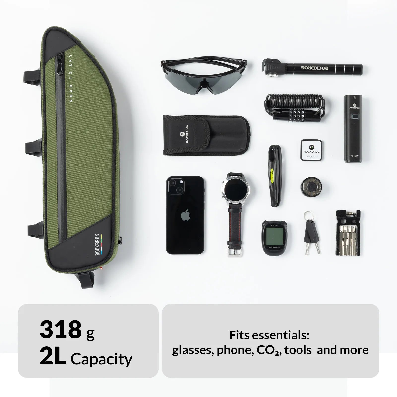 ROCKBROS 2L bike frame bag with ROCK FIT quick-release mounting and water-resistant storage design
#Color_Green