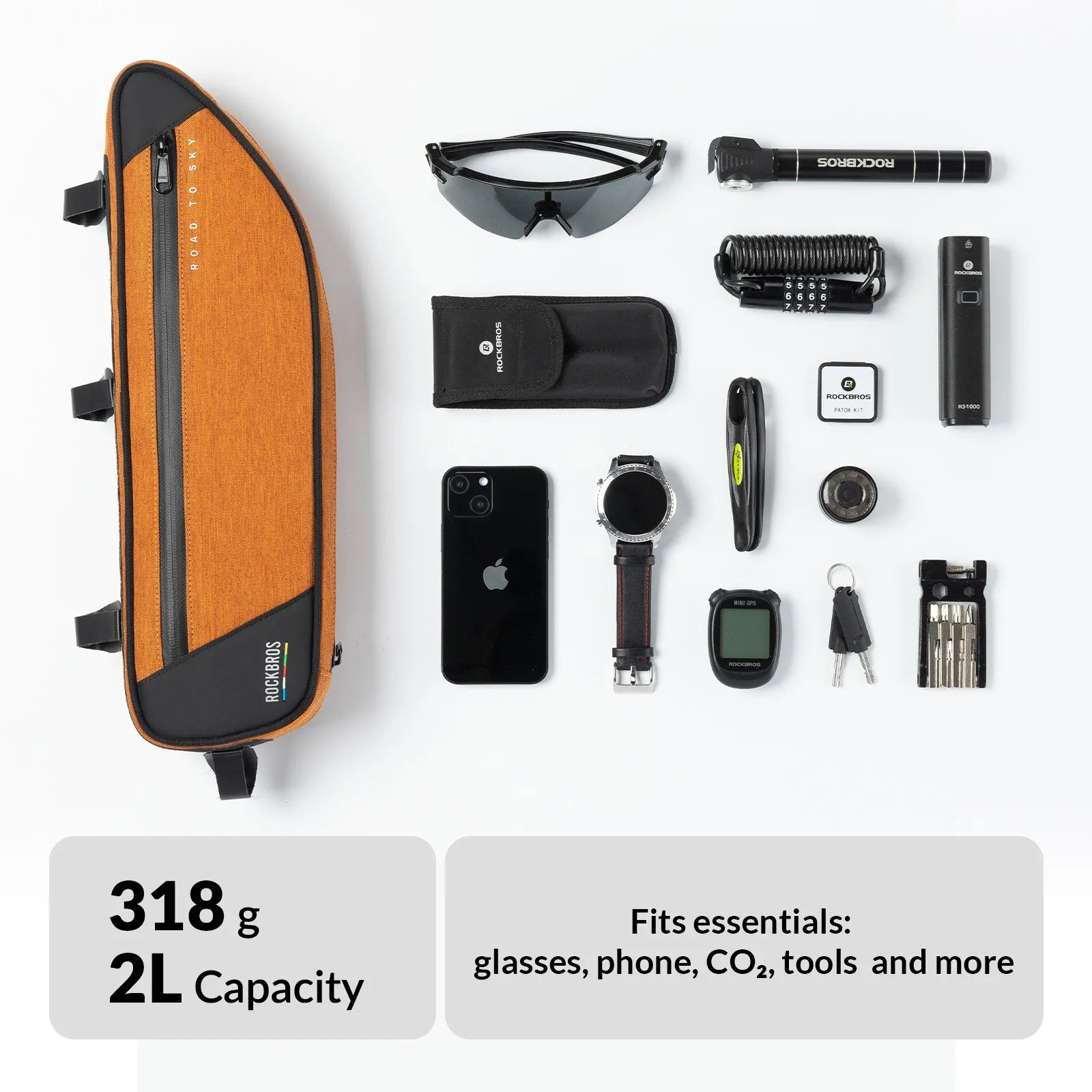 ROCKBROS 2L bike frame bag with ROCK FIT quick-release mounting and water-resistant storage design
#Color_Orange