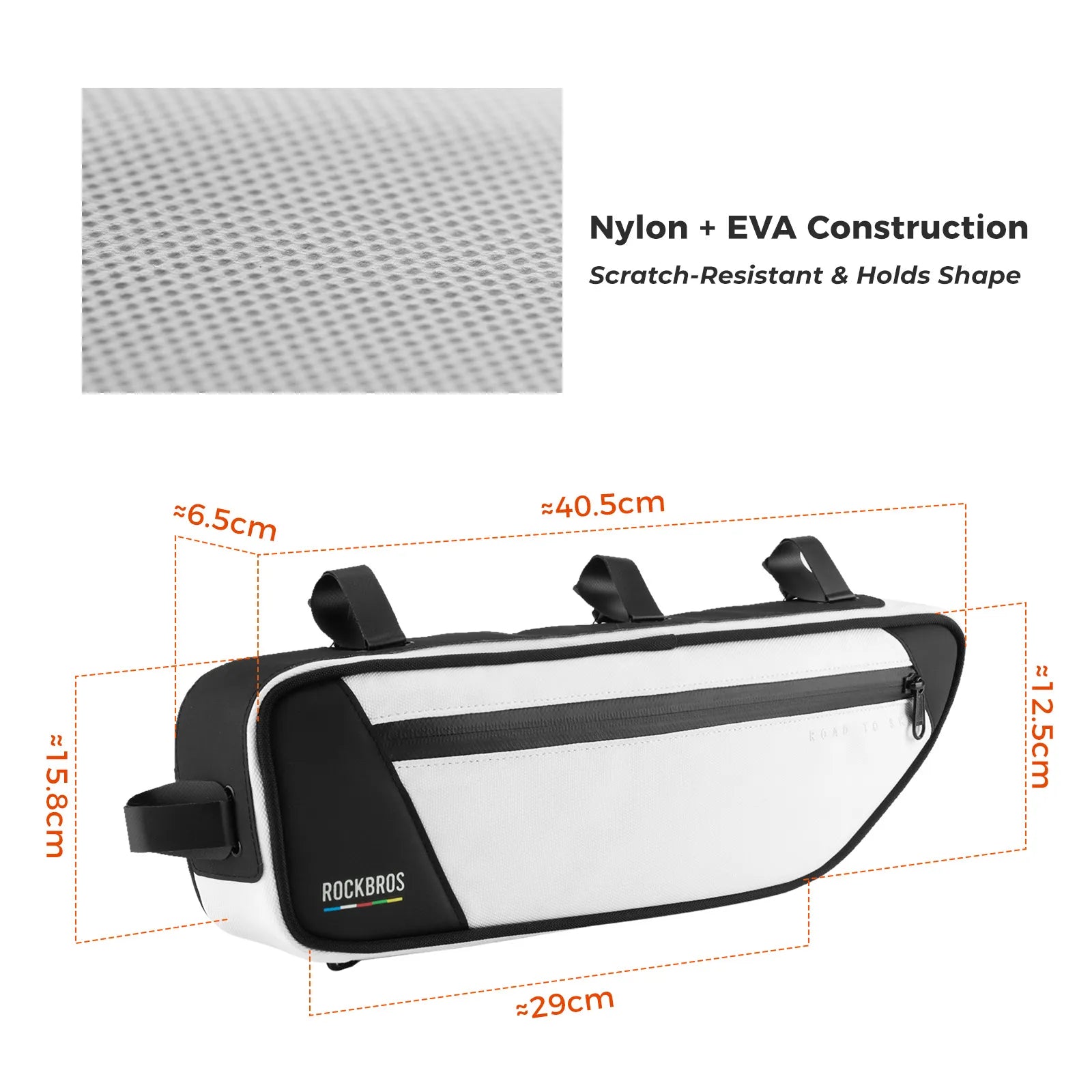 ROCKBROS 2L bike frame bag with ROCK FIT quick-release mounting and water-resistant storage design
#Color_White