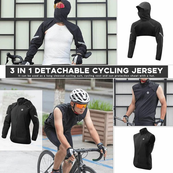 ROCKBROS 3-in-1 detachable cycling jacket with long sleeves, vest, and sun protection shawl, windproof and sunproof for all-season riding.