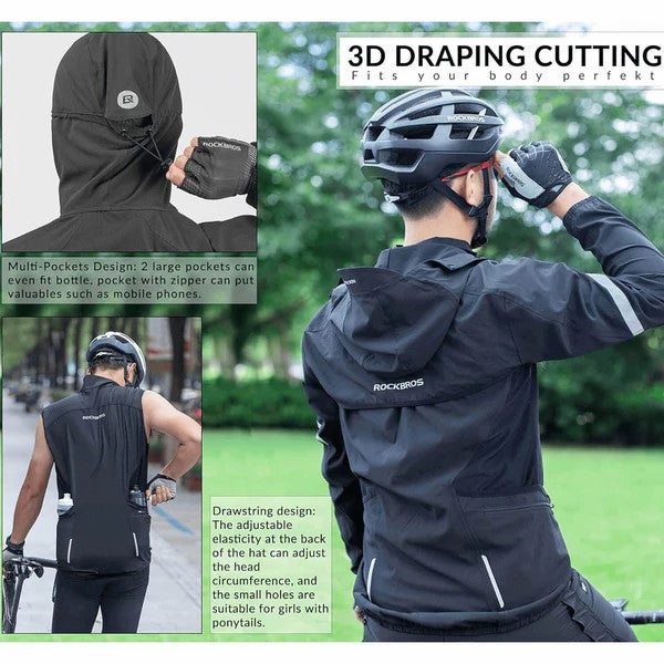 ROCKBROS 3-in-1 detachable cycling jacket with long sleeves, vest, and sun protection shawl, windproof and sunproof for all-season riding.