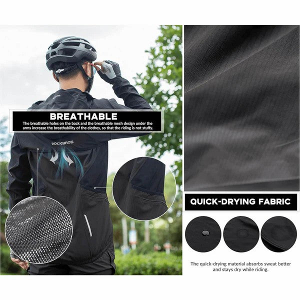 ROCKBROS 3-in-1 detachable cycling jacket with long sleeves, vest, and sun protection shawl, windproof and sunproof for all-season riding.