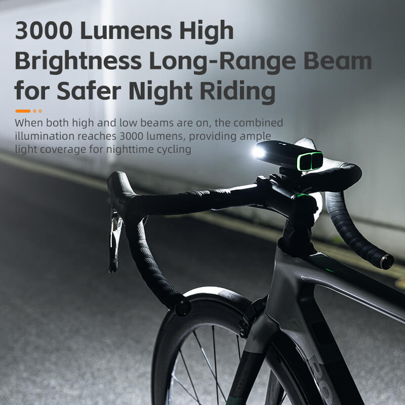 3000 lumens bike headlight showing six lighting modes for night cycling