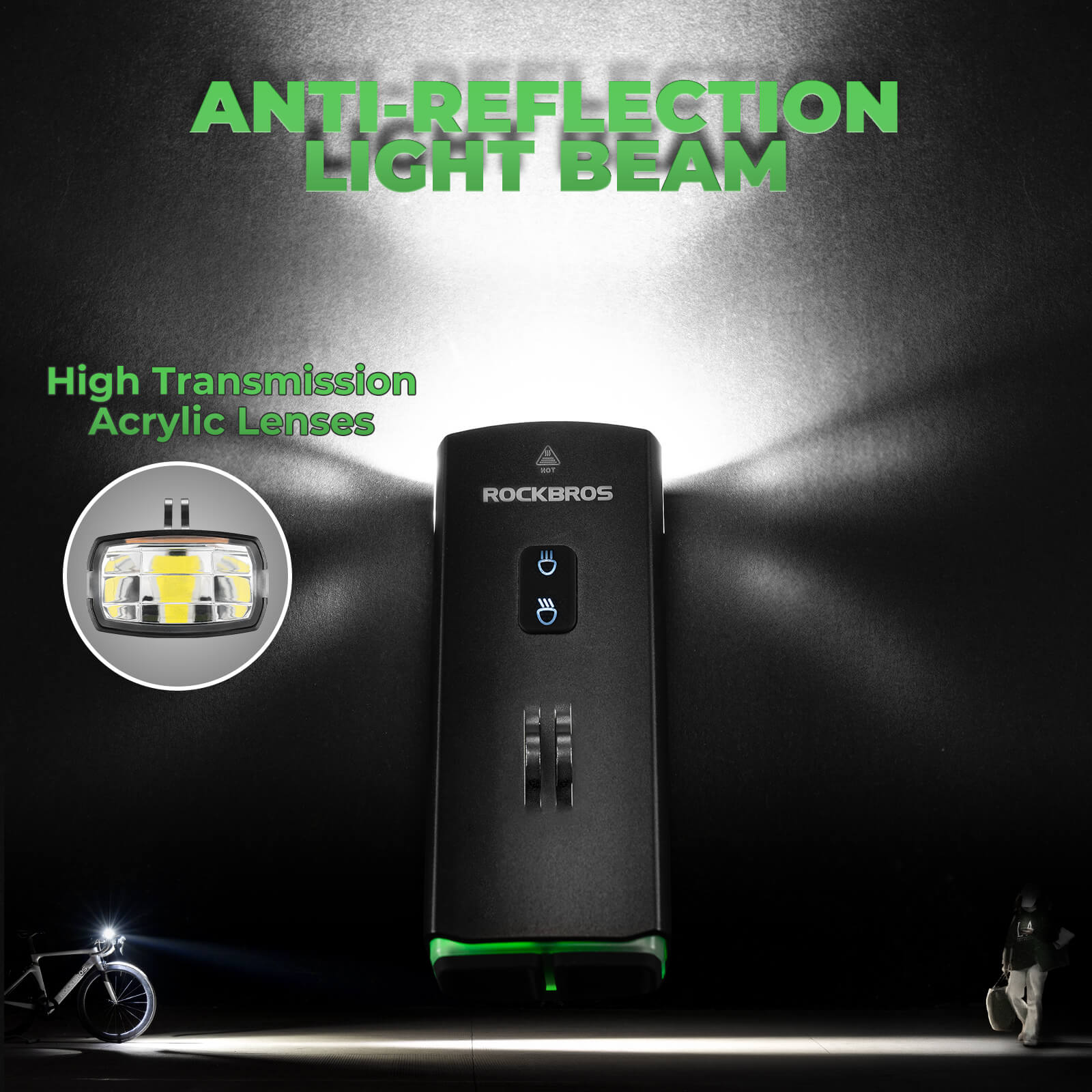 ROCKBROS 3000 Lumens bike headlight illuminating dark road for night cycling