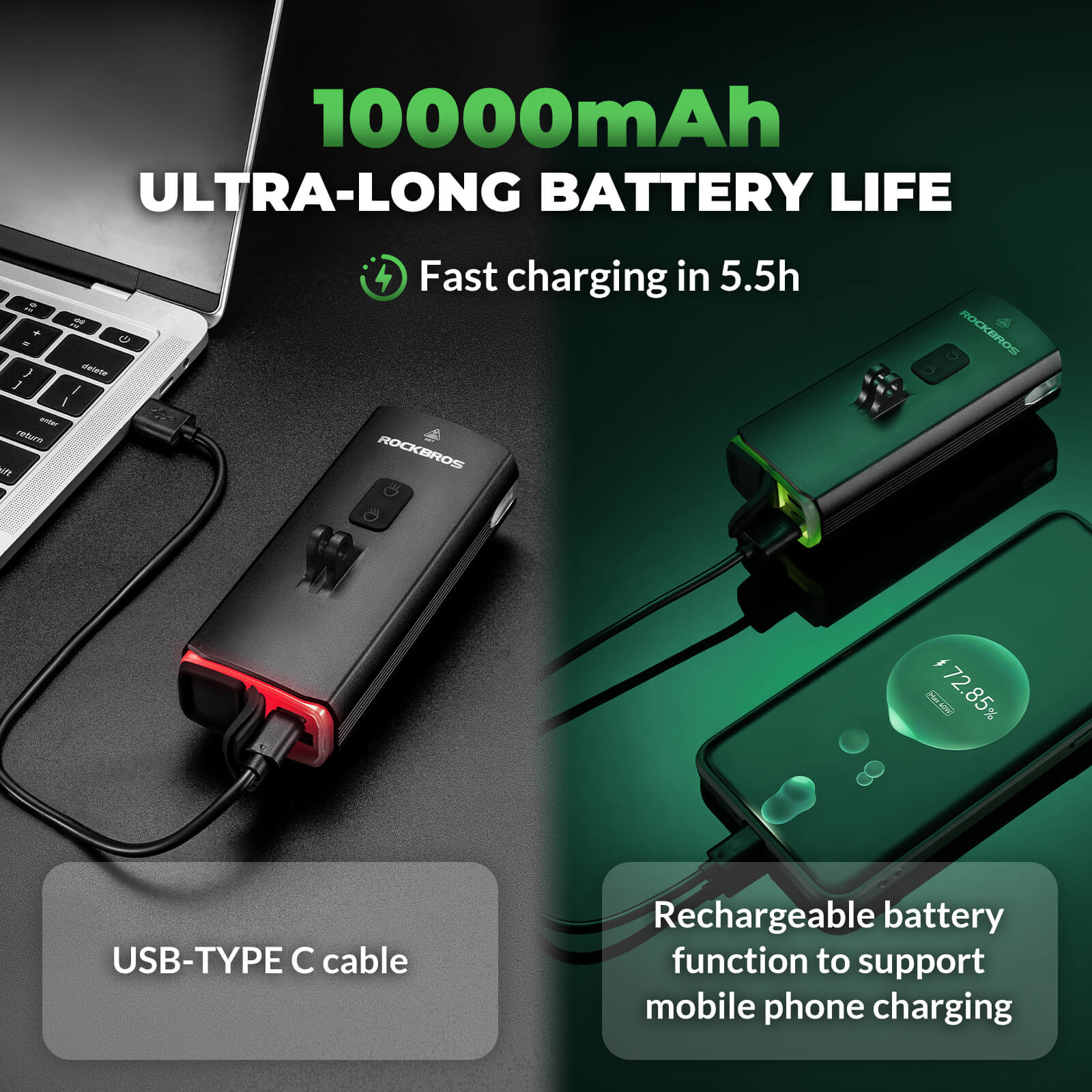 ROCKBROS 3000 Lumens bike headlight illuminating dark road for night cycling