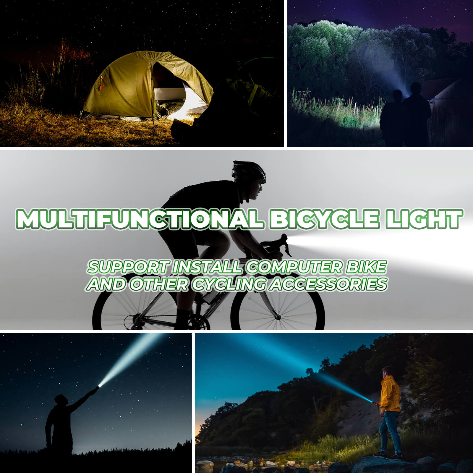 ROCKBROS 3000 Lumens bike headlight in use during night ride on city streets or mountain trails
