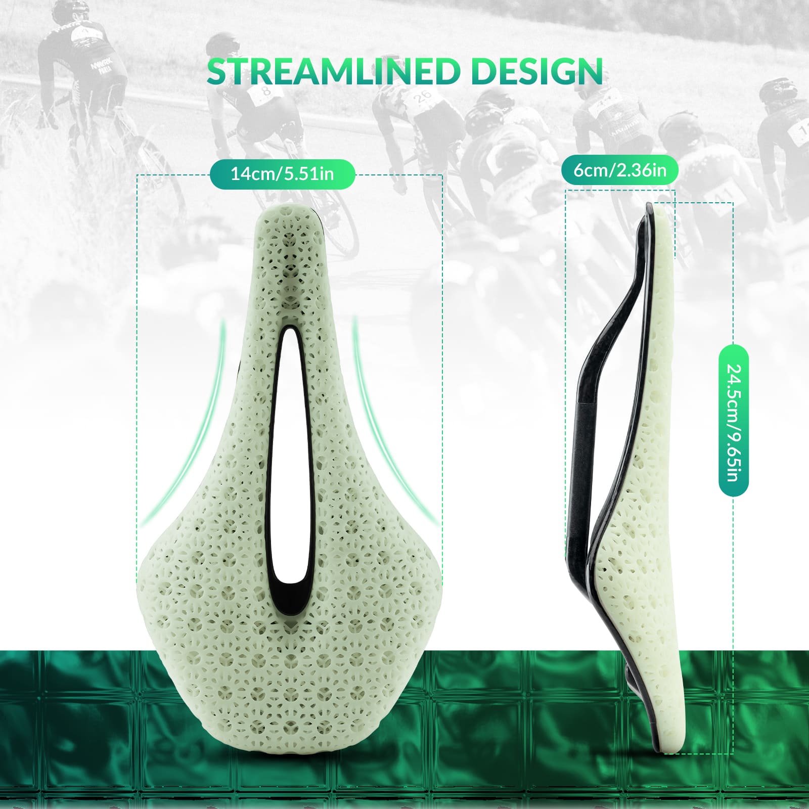 ROCKBROS 3D printed bike saddle with carbon rails lightweight cycling seat
#Color_Green