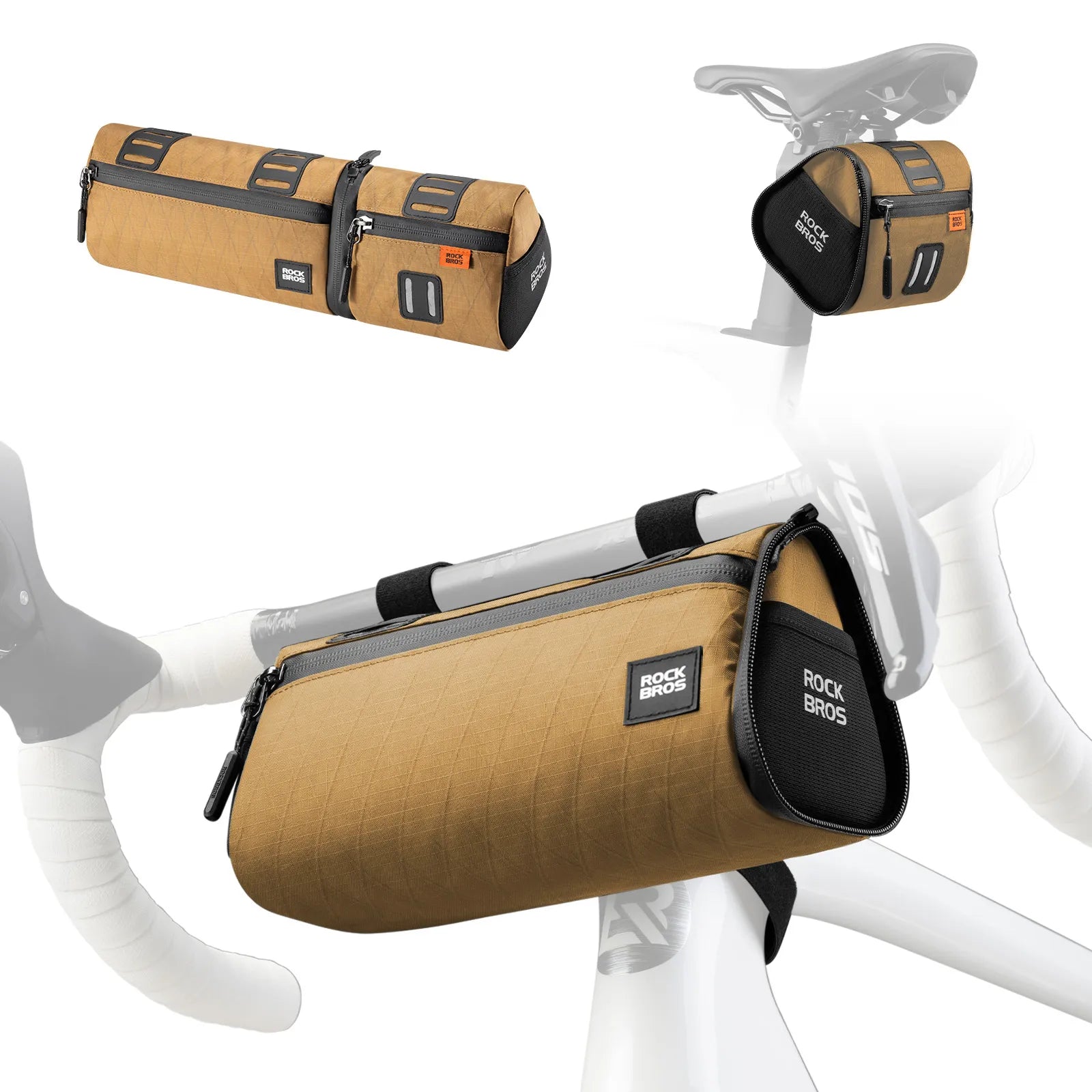 ROCKBROS 4-in-1 convertible bike bag that functions as a handlebar bag, frame bag, saddle bag, and shoulder bag
#Color_Khaki