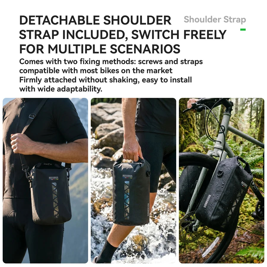 ROCKBROS 4L waterproof bike fork bag with quick-release mount for bikepacking, gravel riding, and outdoor cycling